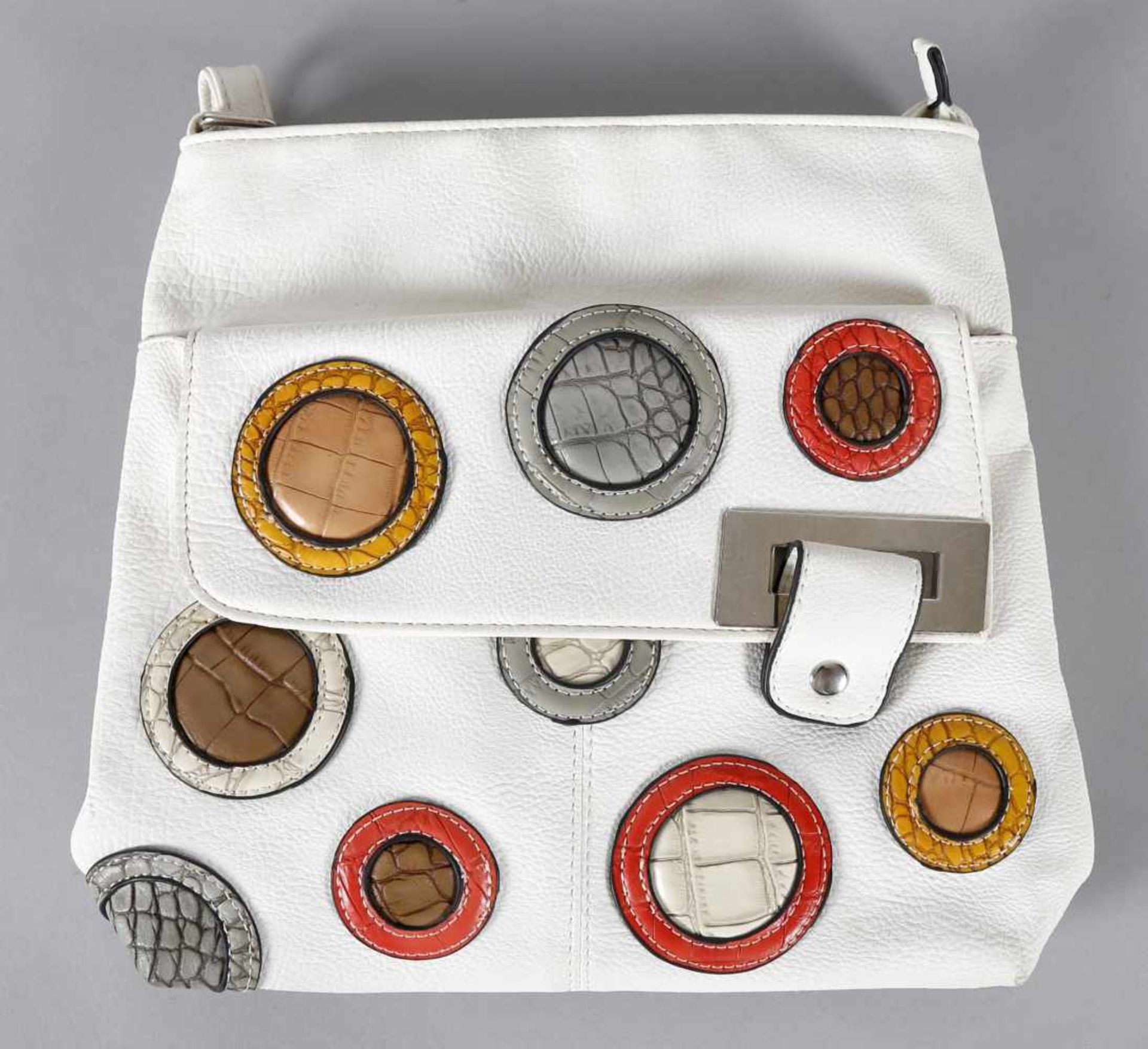 Handtasche JN GianniUmhängetasche, weiß mit runden farbigen Applikationen in Krokooptik,