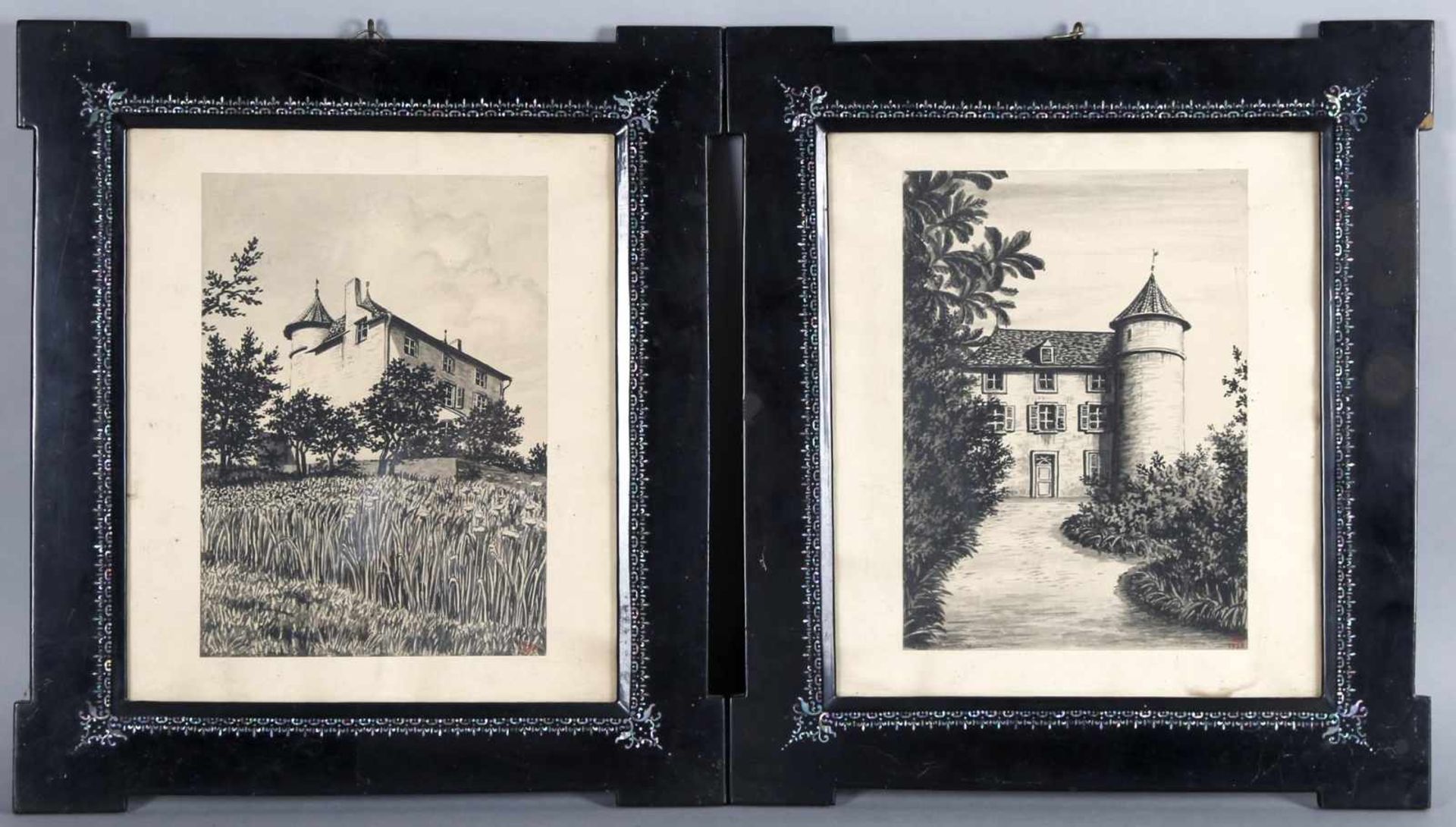 Zwei Ansichten des Chateau "De Mout" in Lothringengemalt von L. Christl 1935, Tusche auf Papier,