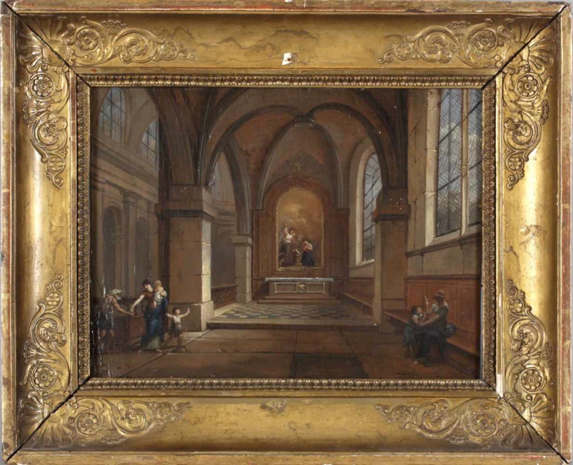 Anonymer Maler, Anfang 19. Jh.Kircheninterieur, links eine Mutter die einem Bettler ein Almosen