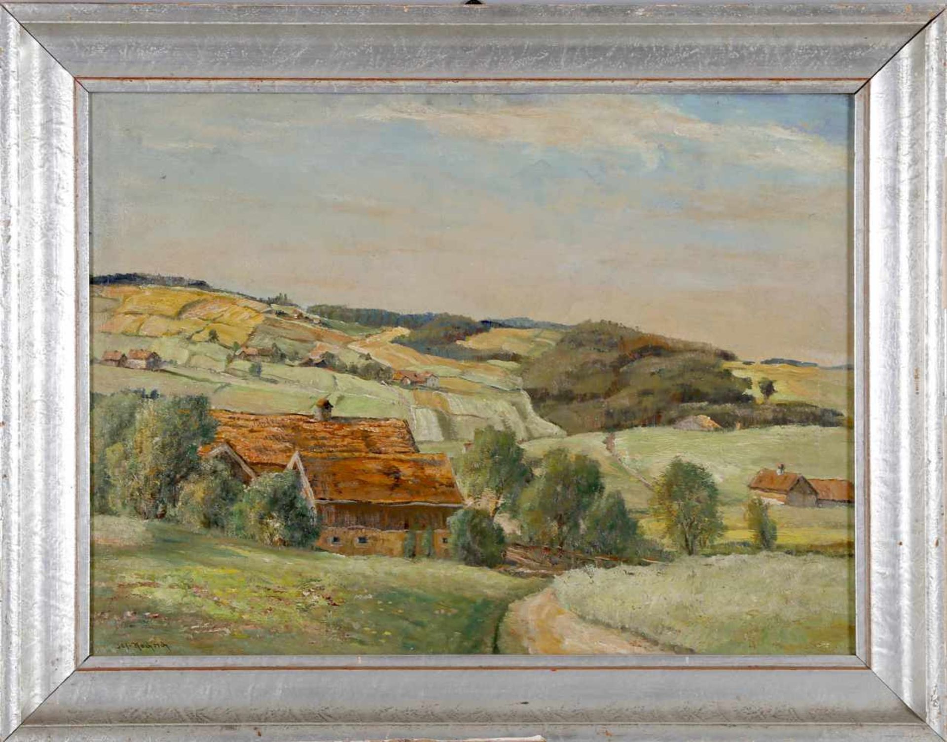 Josef Koch (München 1886-1966 München)Bauernhäuser im Rottal, Öl auf Platte, 59 x 79 cm, unten links