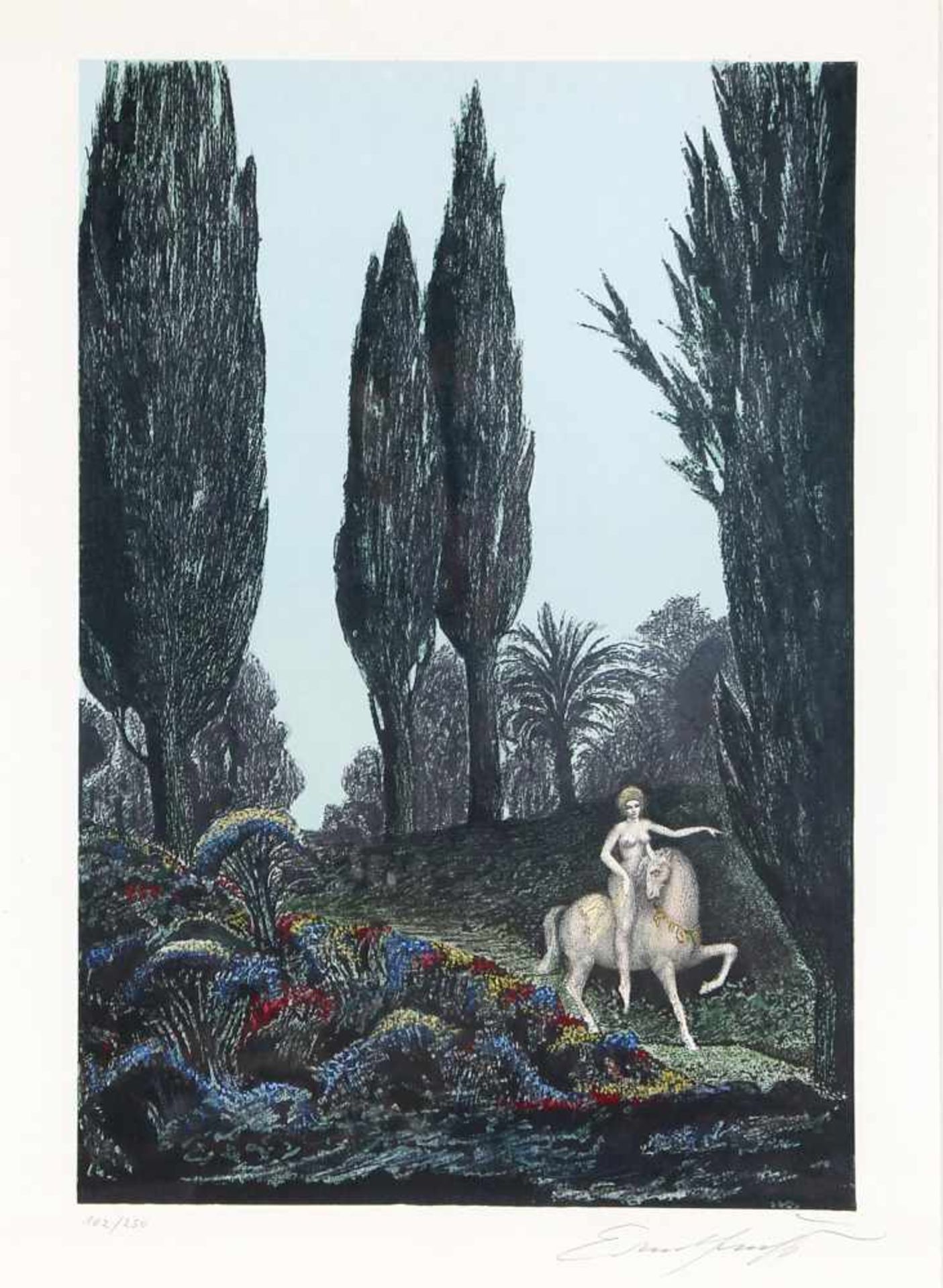 Ernst Fuchs (Wien 1930-2015 Wien)Muse zu Pferd, Farblithographie auf Büttenpapier, 48,5 x 33 cm,