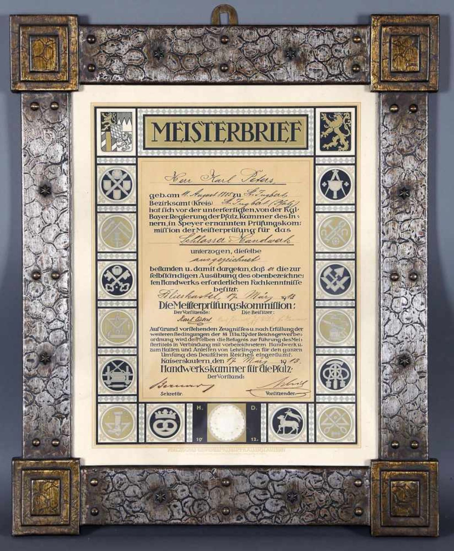 Meisterbrief des Herrn Karl Peters, 1913, St. Ingbertdurch die Handwerkskammer der Pfalz im