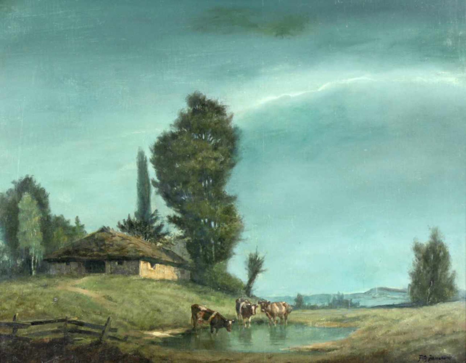 Landschaft mit Kühen, 1. H. 20. Jh.farbige Darstellung auf Holz, unt. re. u. verso auf dem