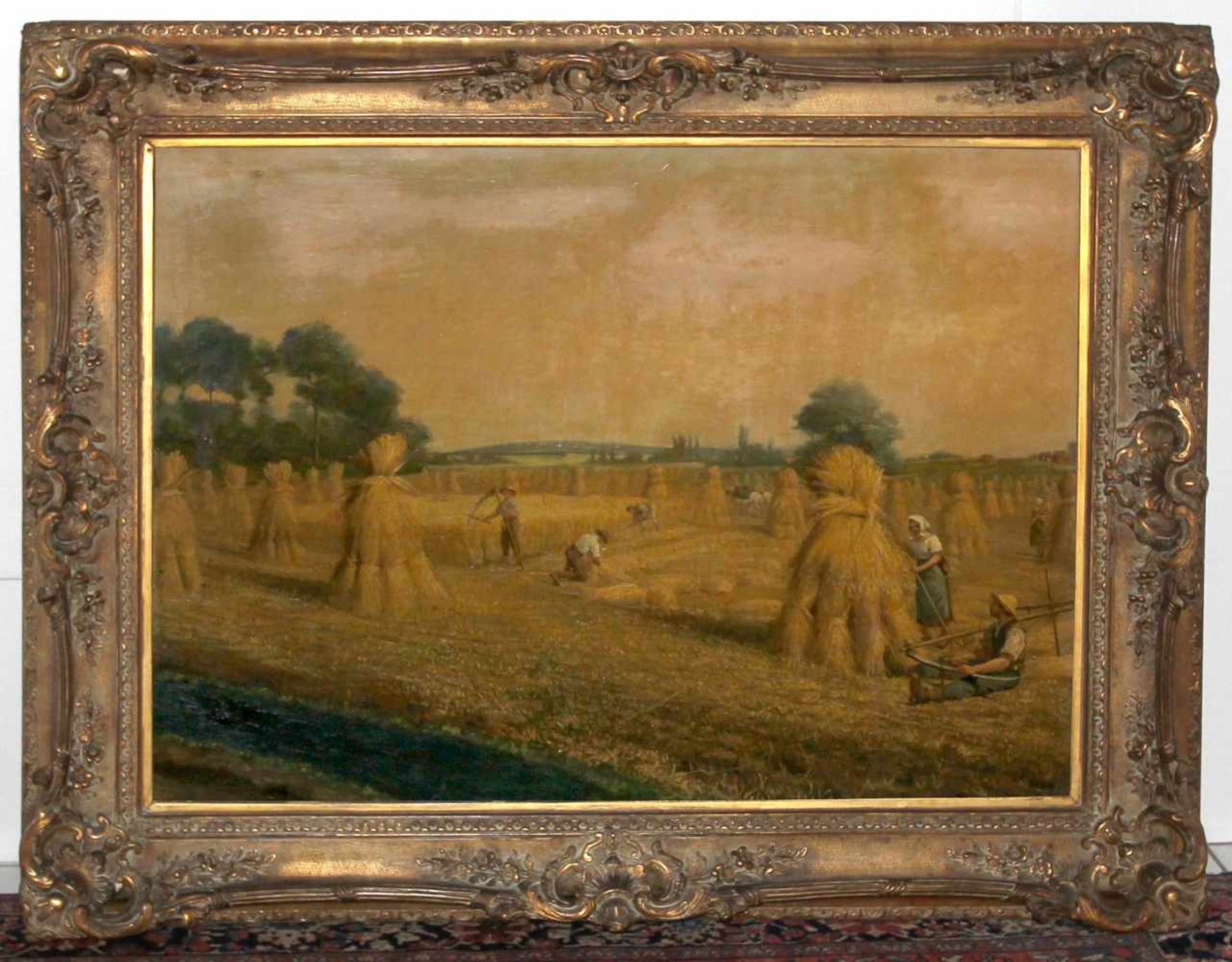 Großes Gemälde im Prunkrahmen, Frankreich, Ende 19. Jh.Bauern bei der Getreideernte in weiter