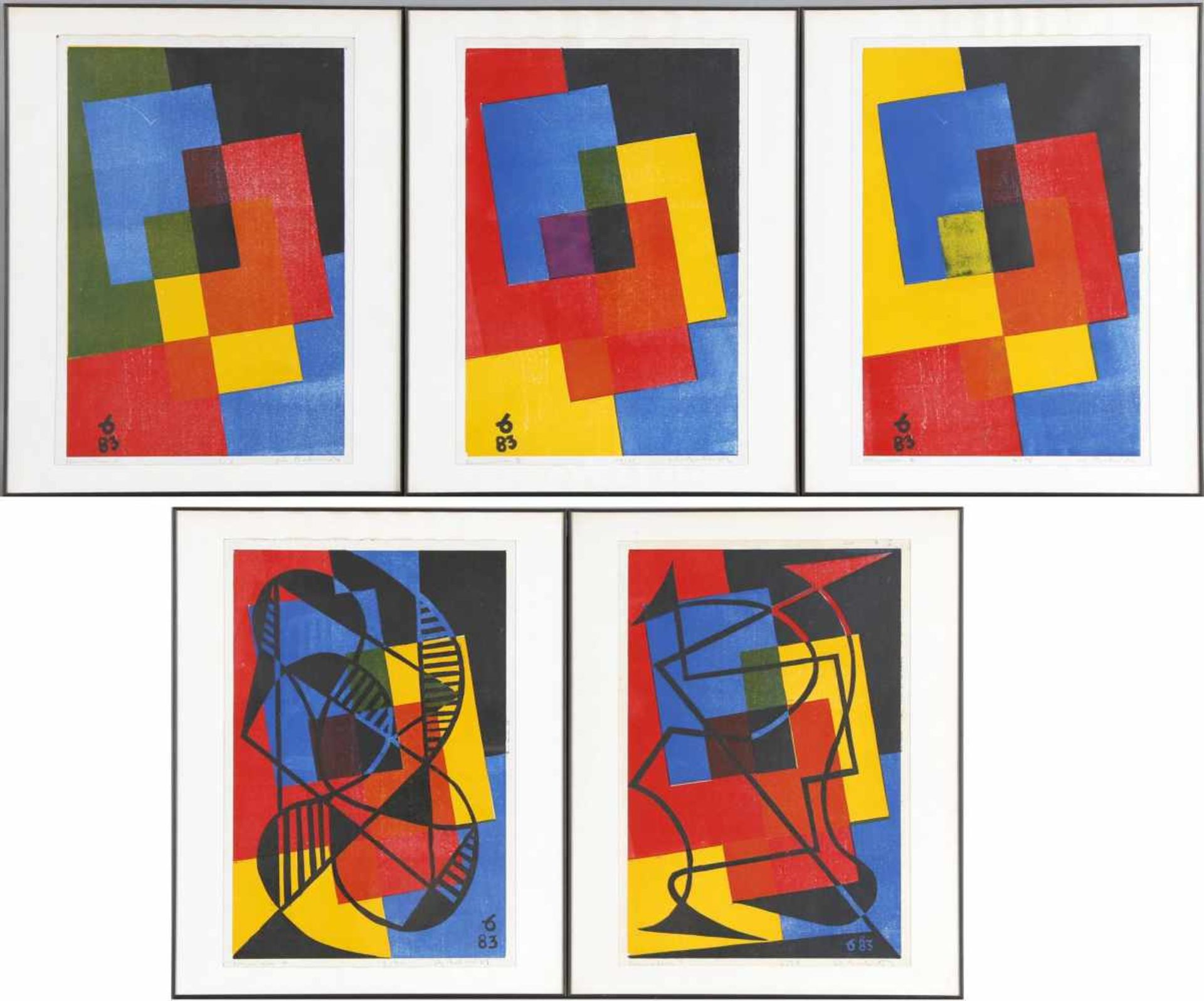 Fritz Berberich (Schnappach 1909-1990 Schnappach)Serie von 5 Grafiken, Komposition 1-5, Juni 1983,