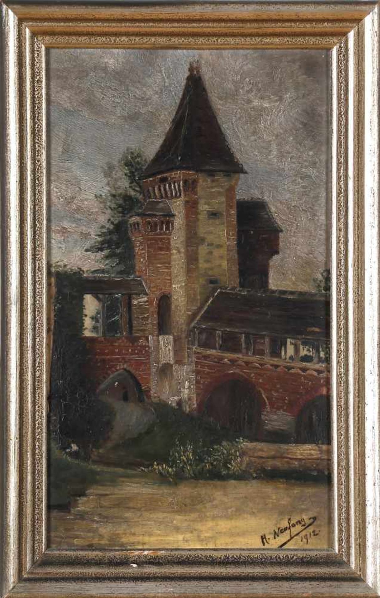 Heinrich Neufang (Saarbrücken 1897-1956 München)Alter Turm, Öl auf Malkarton, 38 x 22 cm, unten