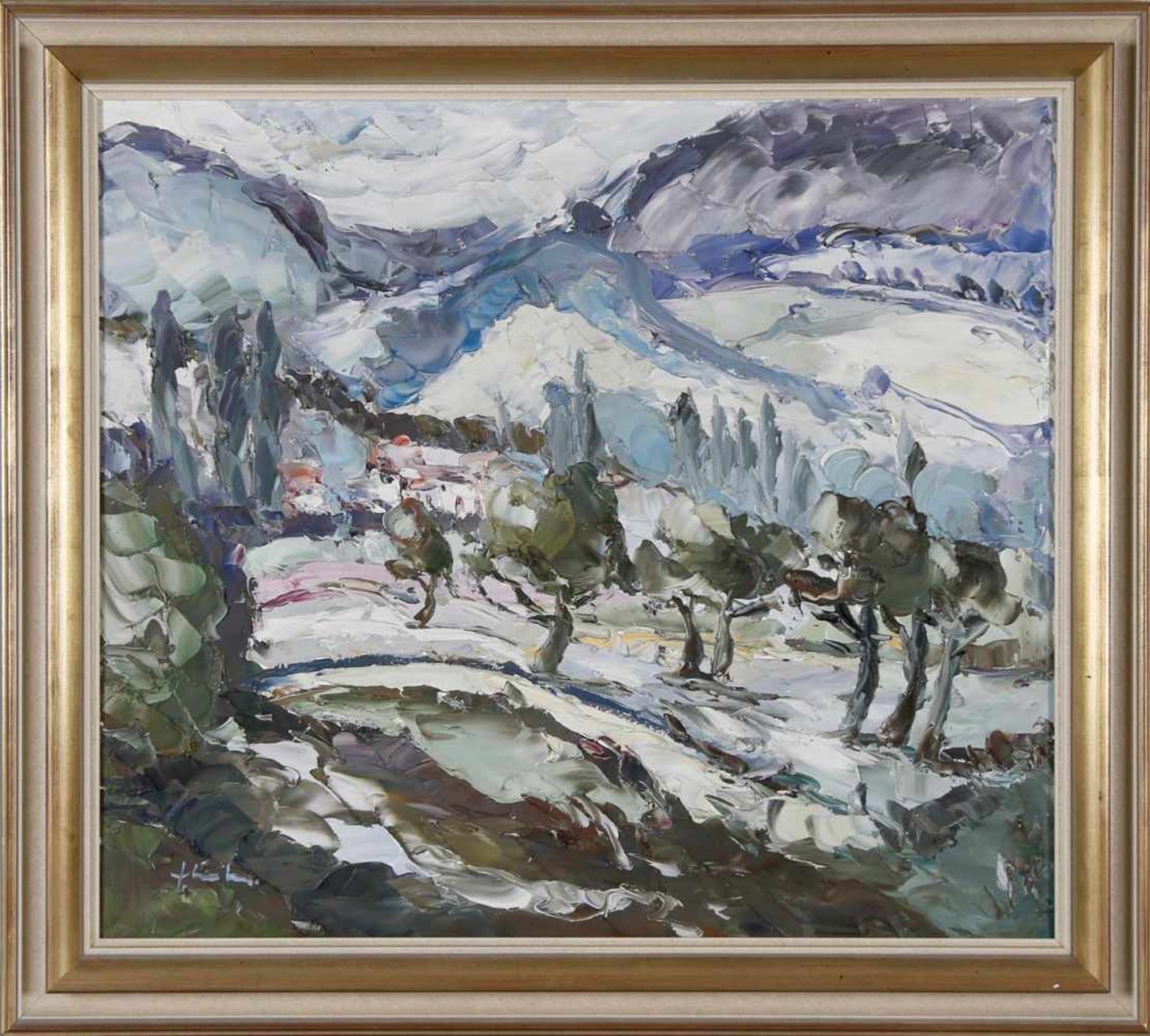Wohl F. Schreiber, 2. H. 20. Jh."Landschaft in den Bergen", Öl auf Leinwand, 70 x 80,5 cm, signiert,