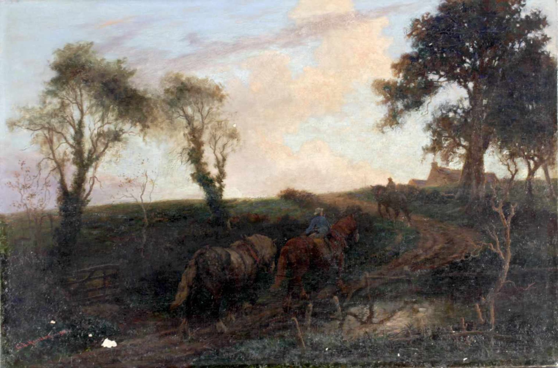 G.L. Harrison, AbendstimmungArbeitspferde mit ihrem Führer auf dem Weg zum Stall, Öl auf Lwdd., 50 x