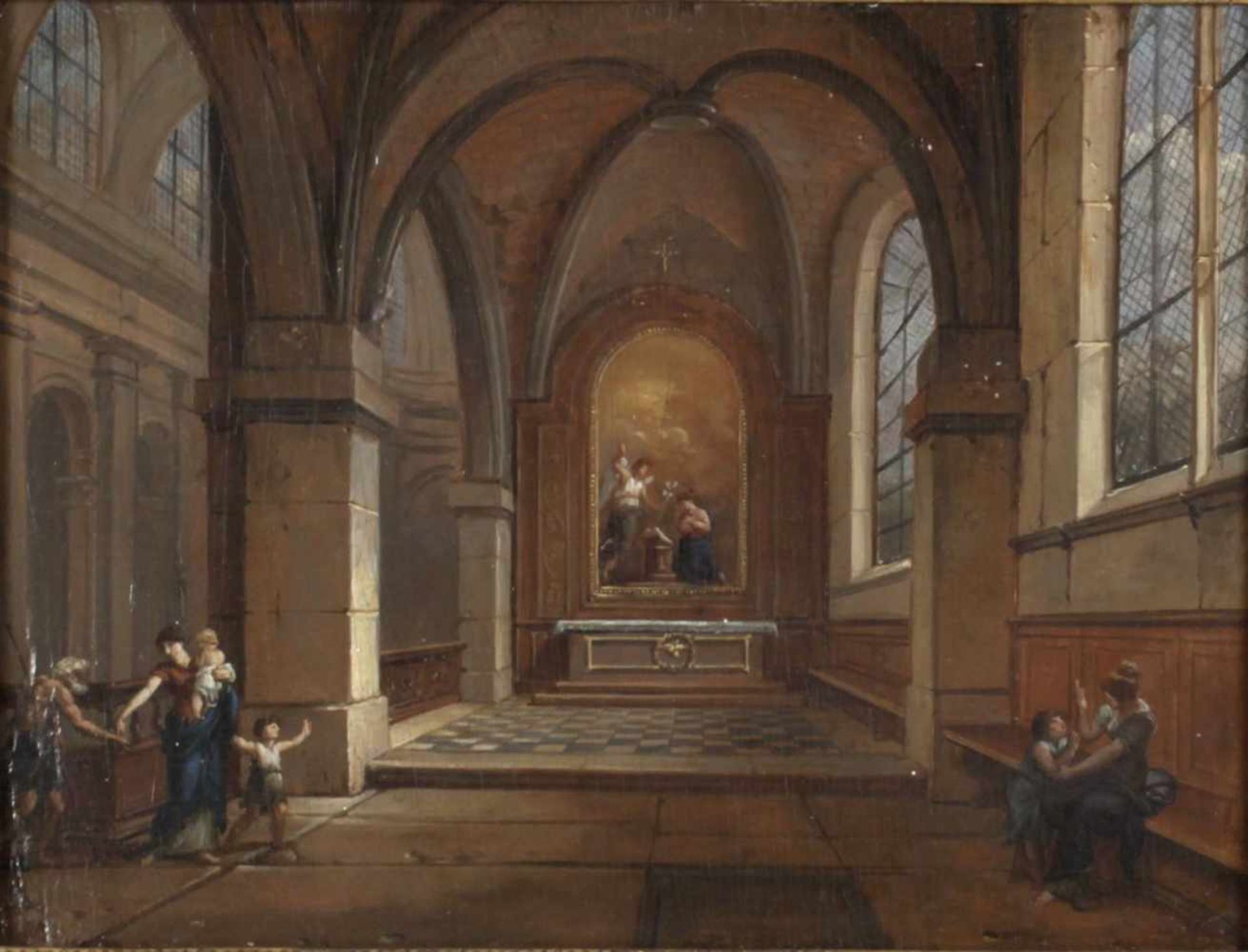 Anonymer Maler, Anfang 19. Jh.Kircheninterieur, links eine Mutter die einem Bettler ein Almosen - Image 2 of 2