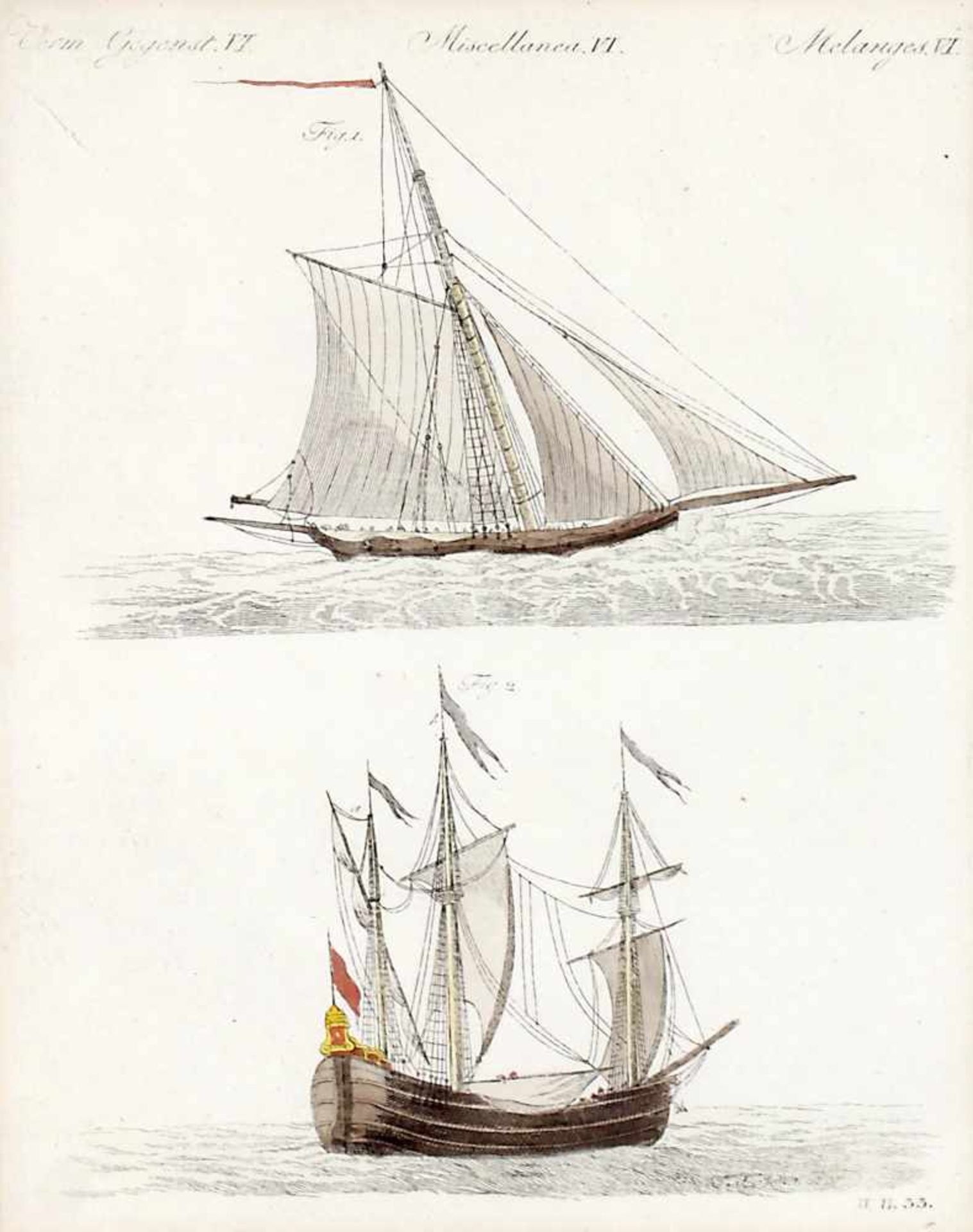 Segelschiffe, kolorierter Kupferstich, um 1800oben ein Kutter mit einem Mast, unten ein