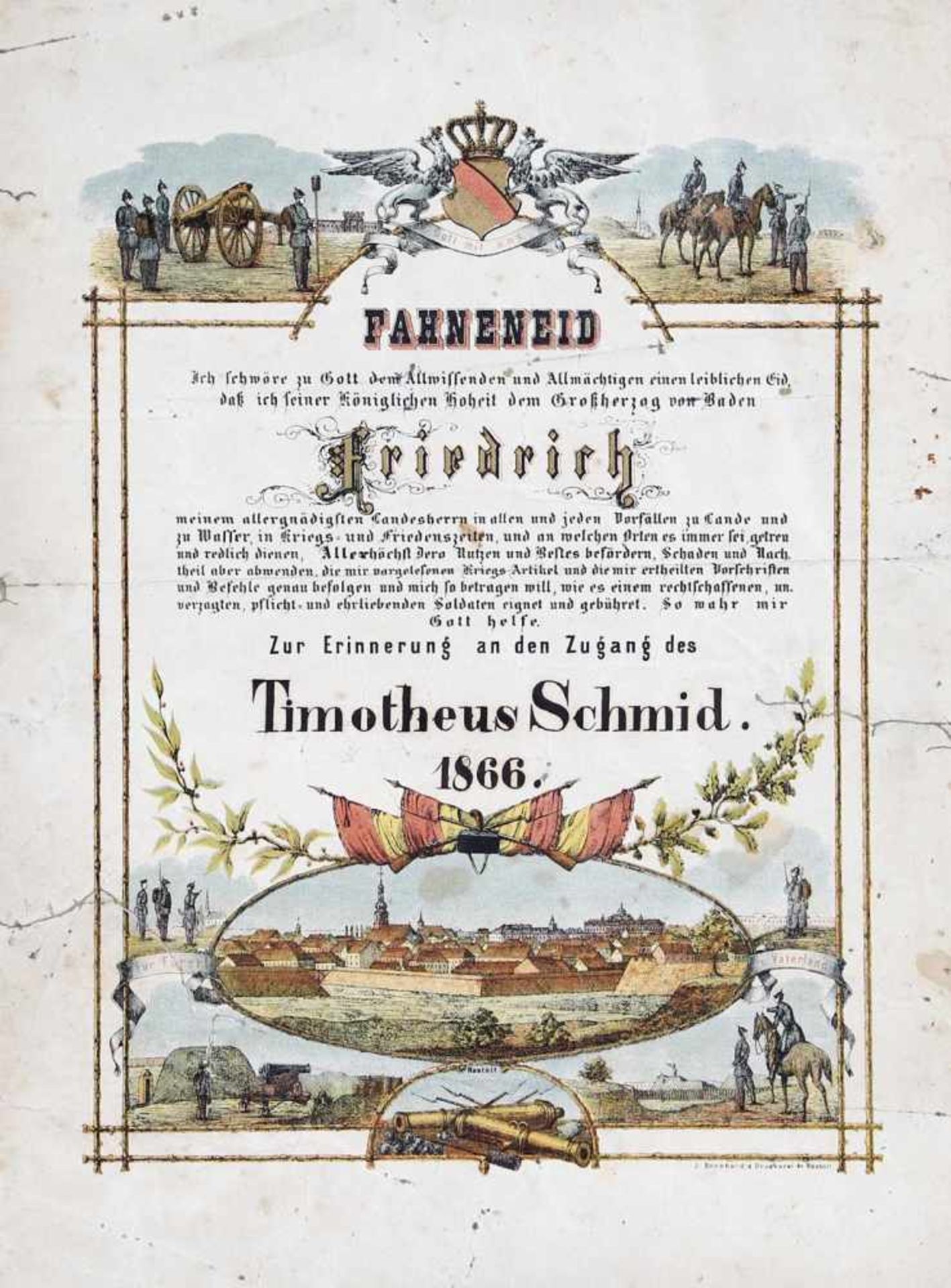 Farblithographie Fahneneid Rastatt, 1866Fahneneid zu seiner Königlichen Hoheit dem Großherzog von