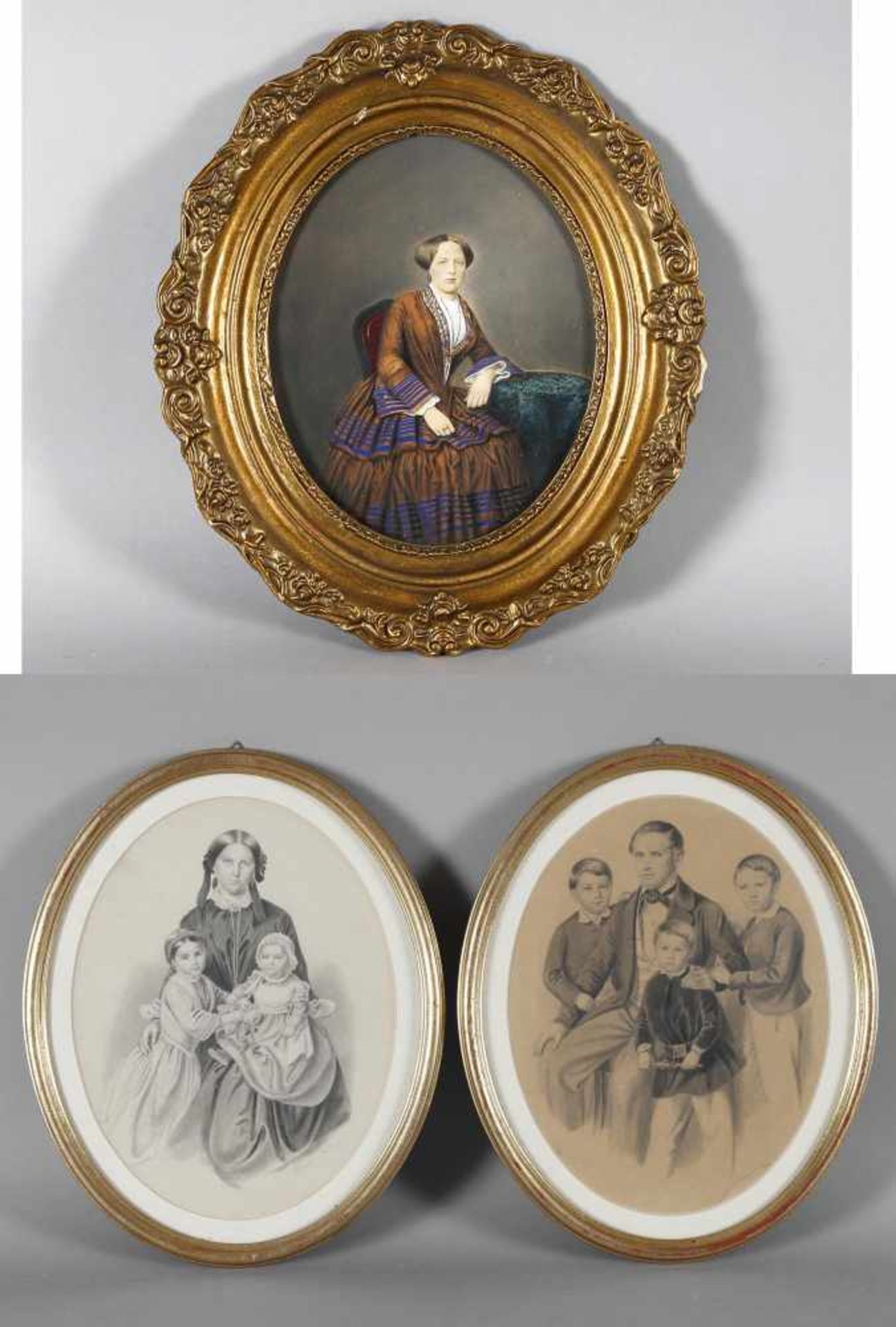 Drei Familienbilder, Pirmasens - Pfalz, um 1850- zwei Zeichnungen, signiert Baumann - Mutter mit