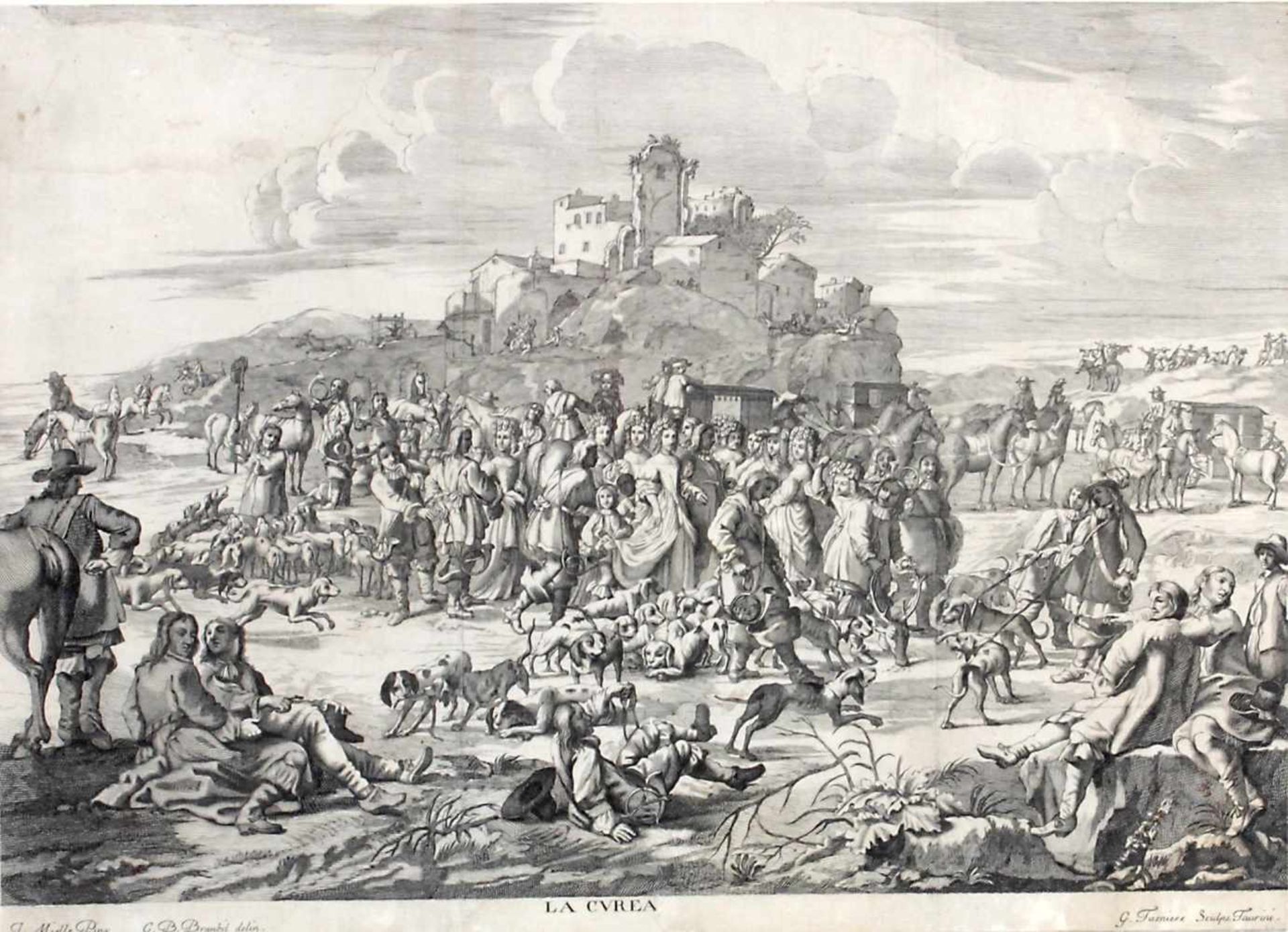 "La Curea", Original-Kupferstich von Georges Tasnière (1632-1704) nach Jan Miel (1599-1656),Turin,