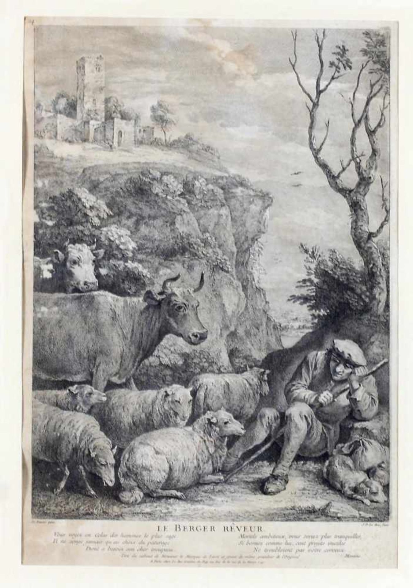 "Le Berger Râseur", Original-Kupferstich von Jacques Philippe Le Bas (1707-1783) nach David