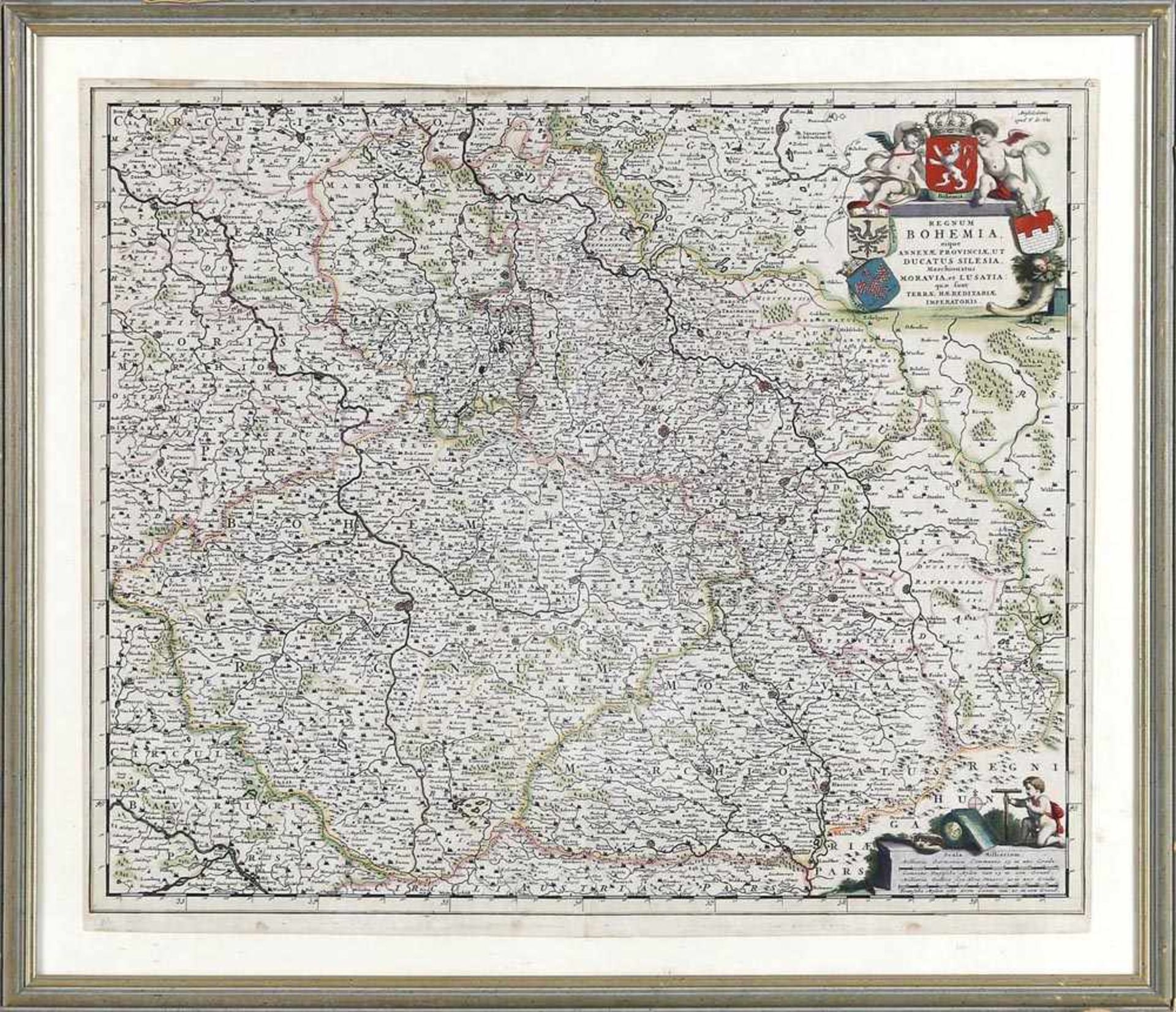 Bohemia, Kupferstichkarte von F. de Wit, Amsterdam, Ende 17. Jh.grenzkoloriert mit schöner Kartusche