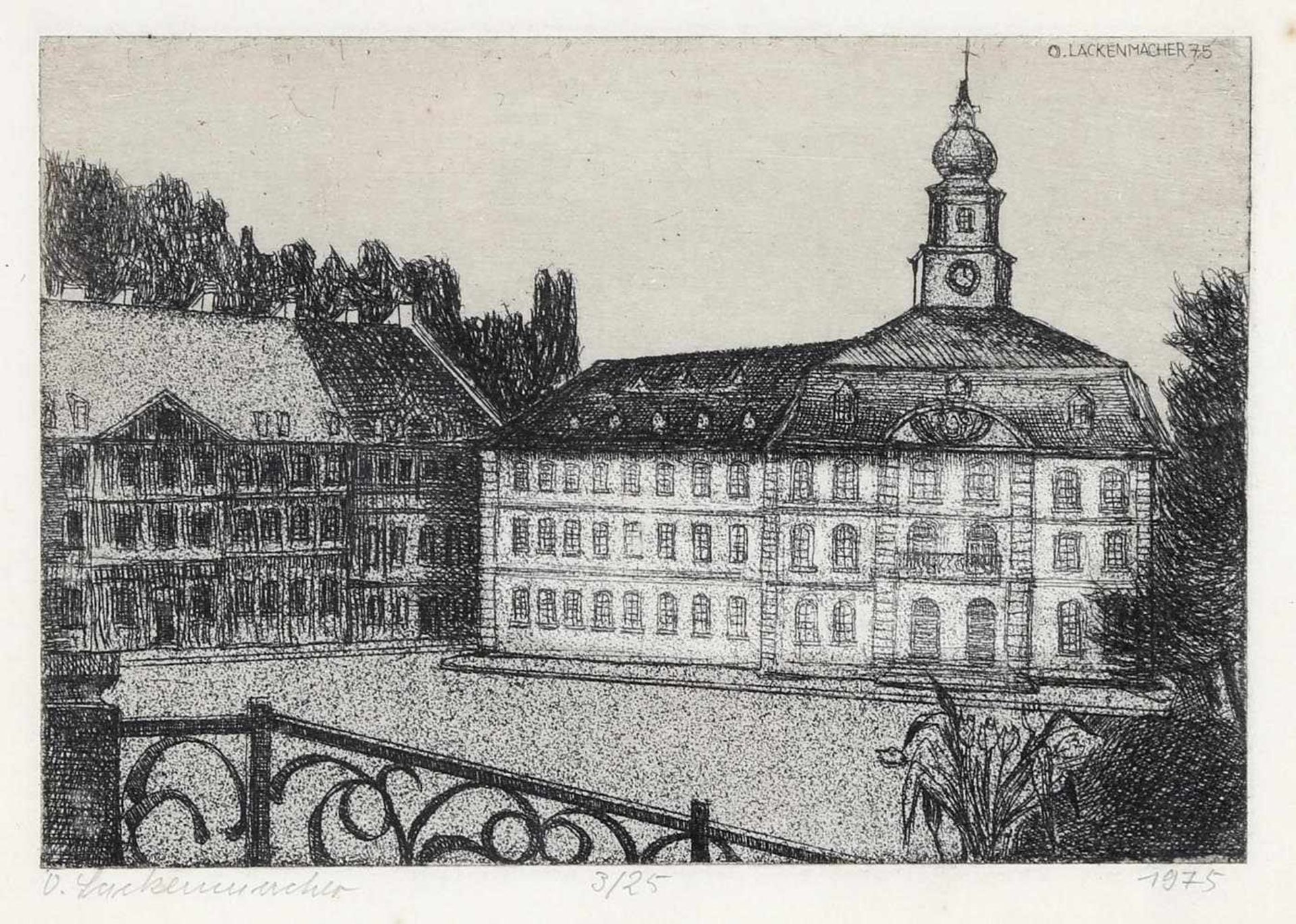 Otto Lackenmacher (Saarbrücken 1927-1988)Blick auf das Alte Rathaus in Saarbrücken, 1975, Radierung,