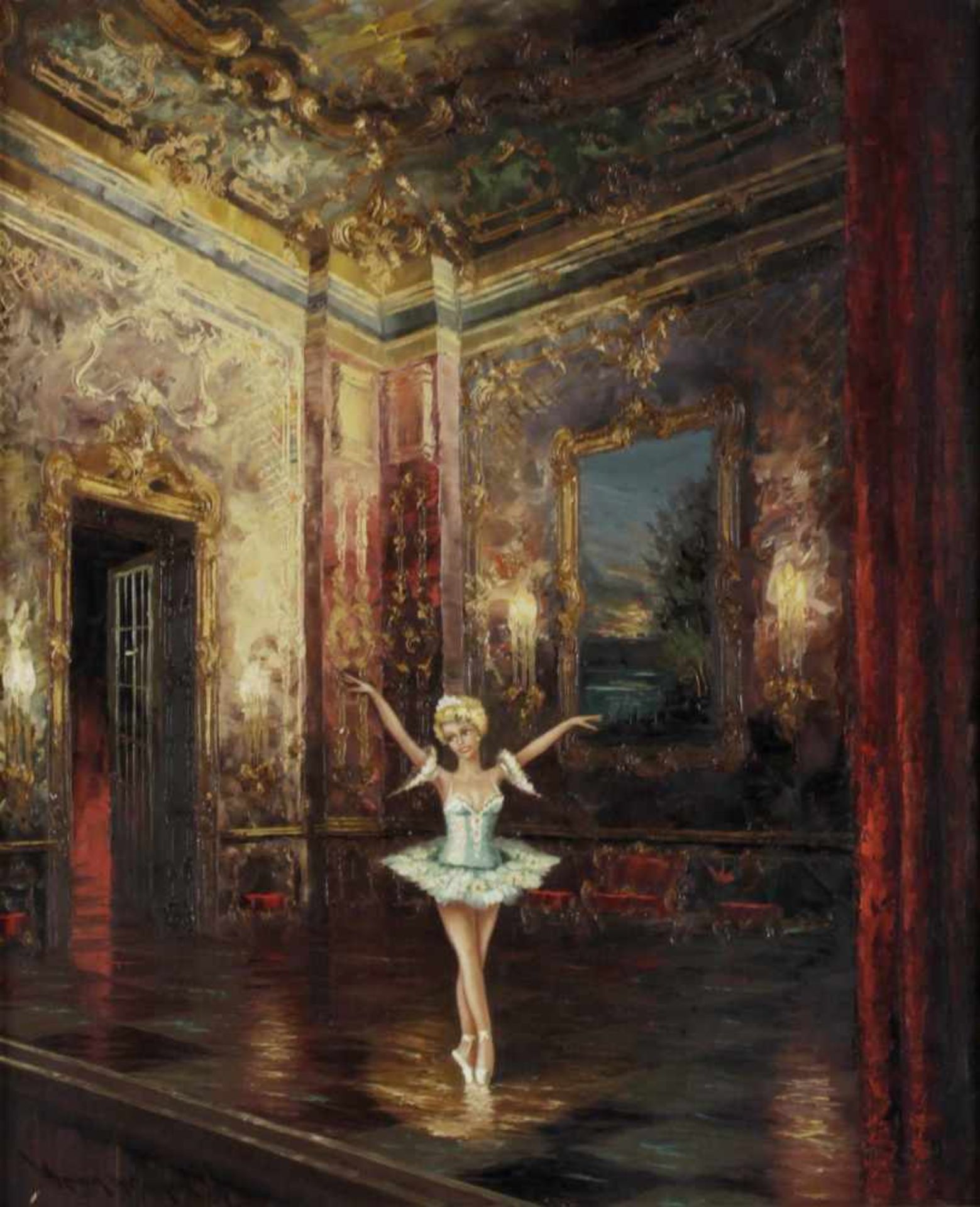 Hema (* Wien 1915)Ballerina im Barocksaal, München, 2. Hälfte 20. Jh., Öl/Lwd., 58,5 x 48,5 cm, - Bild 2 aus 2