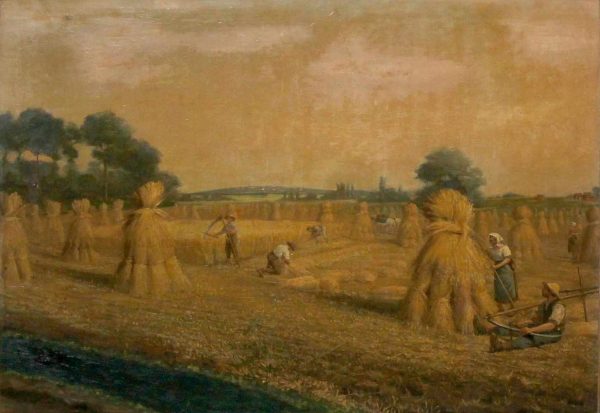 Großes Gemälde im Prunkrahmen, Frankreich, Ende 19. Jh.Bauern bei der Getreideernte in weiter - Bild 2 aus 2