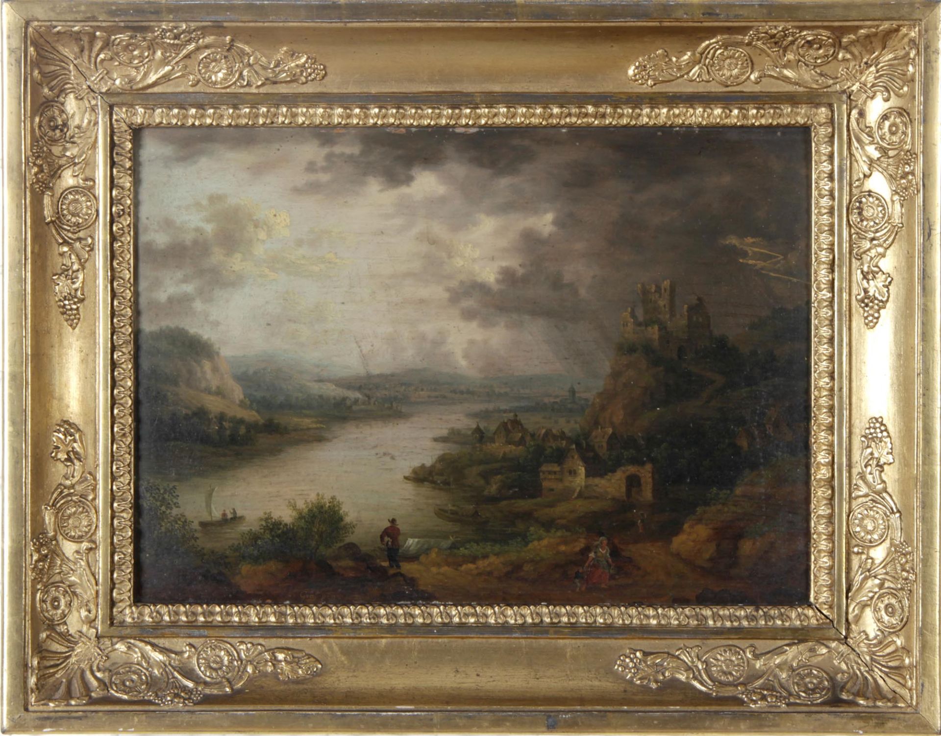 F. (oder P.) GräfRomantische Rheinlandschaft mit Burgen und Kleinstadt am Fluss, Staffagefiguren und