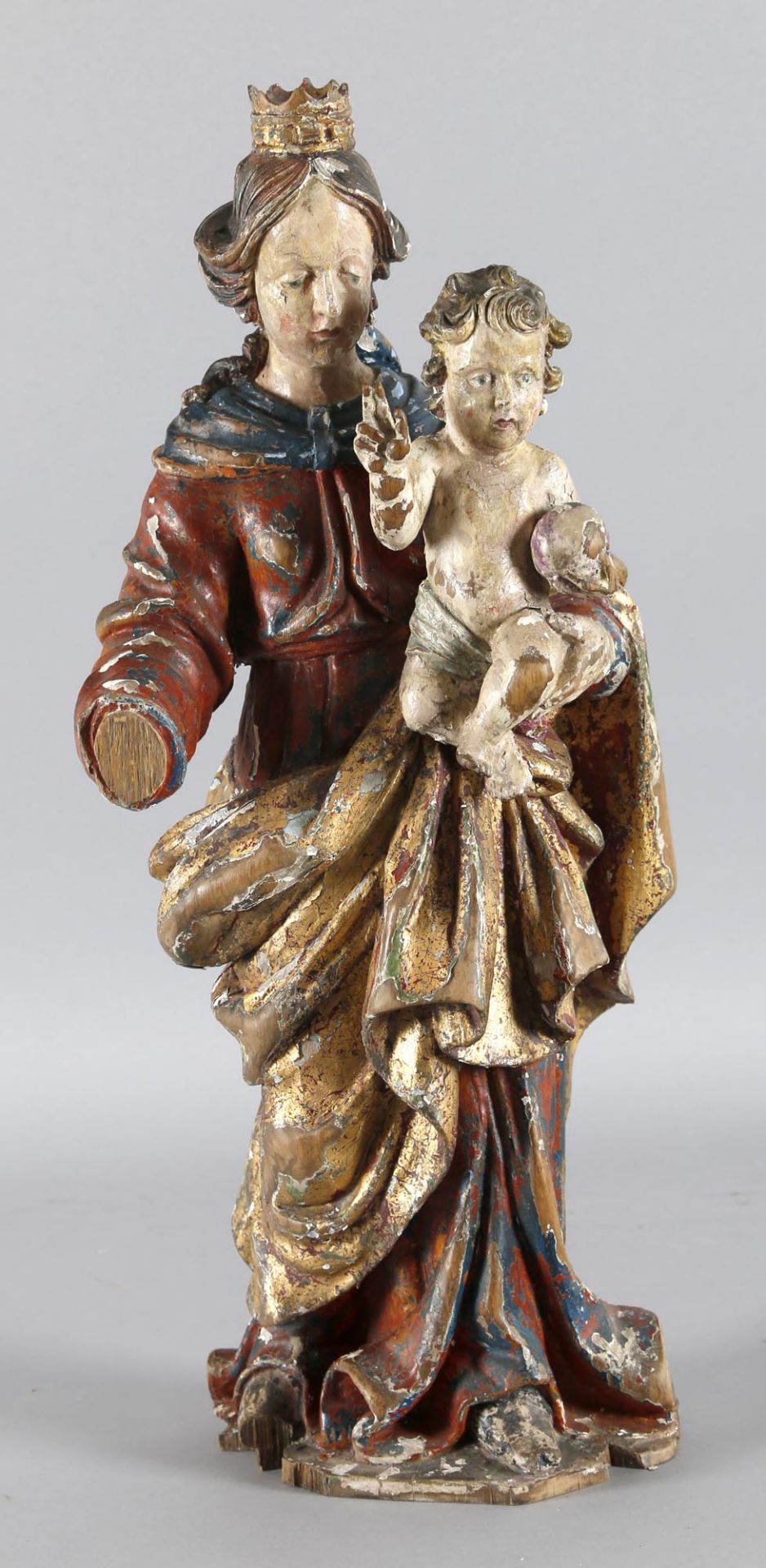 Muttergottes, Maasraum, Mitte 18. Jh.Skulptur, wohl Eichenholz, vollrund gearbeitet, nicht
