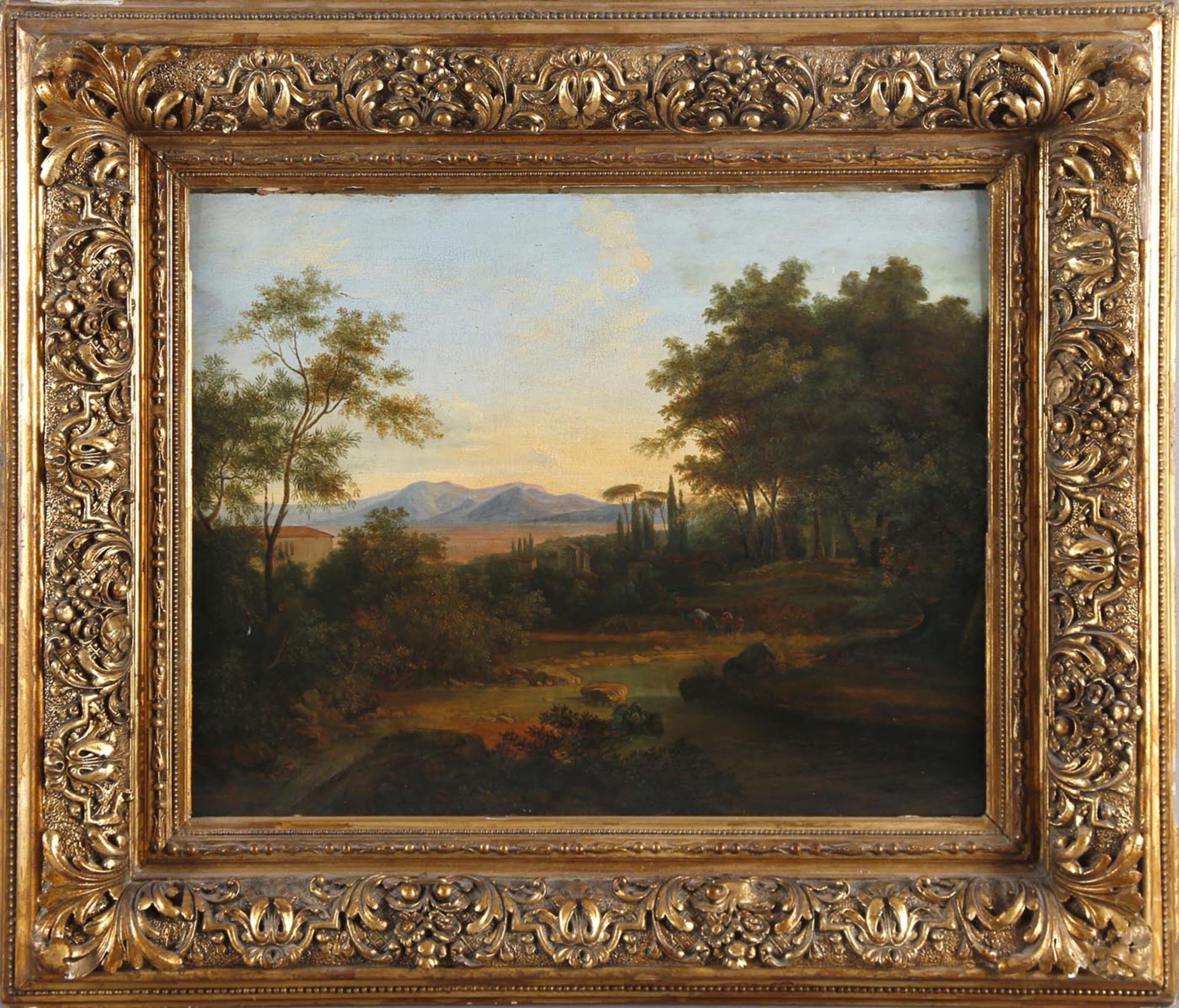 Italienische Landschaft, Mitte 19. Jh.Öl auf Holz (Nussbaum), 42 x 56 cm, im vergoldeten