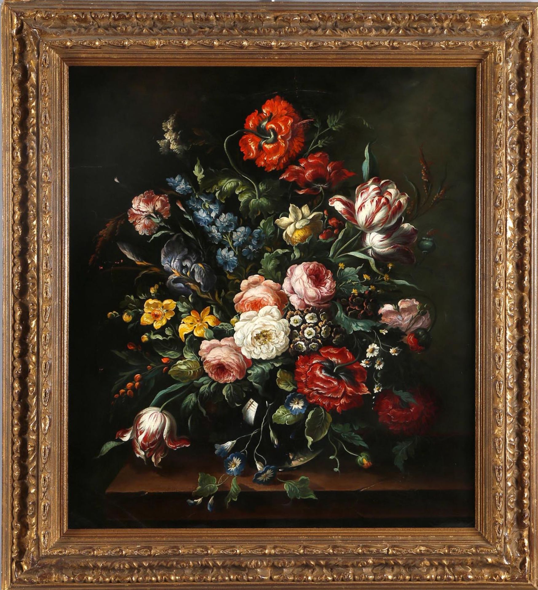 Prächtiges Blumenstillleben im Stil des 17. Jh., wohl deutsch 19./20. Jh.Öl auf Lwd., 80 x 70 cm, im