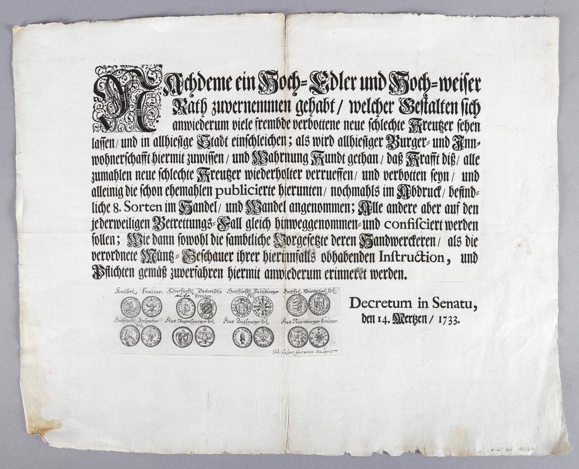 Joh. Caspar Gutwein (1674-1750)Kupferstich, Darstellung von 8 Münzen, jeweils mit Vorder- und