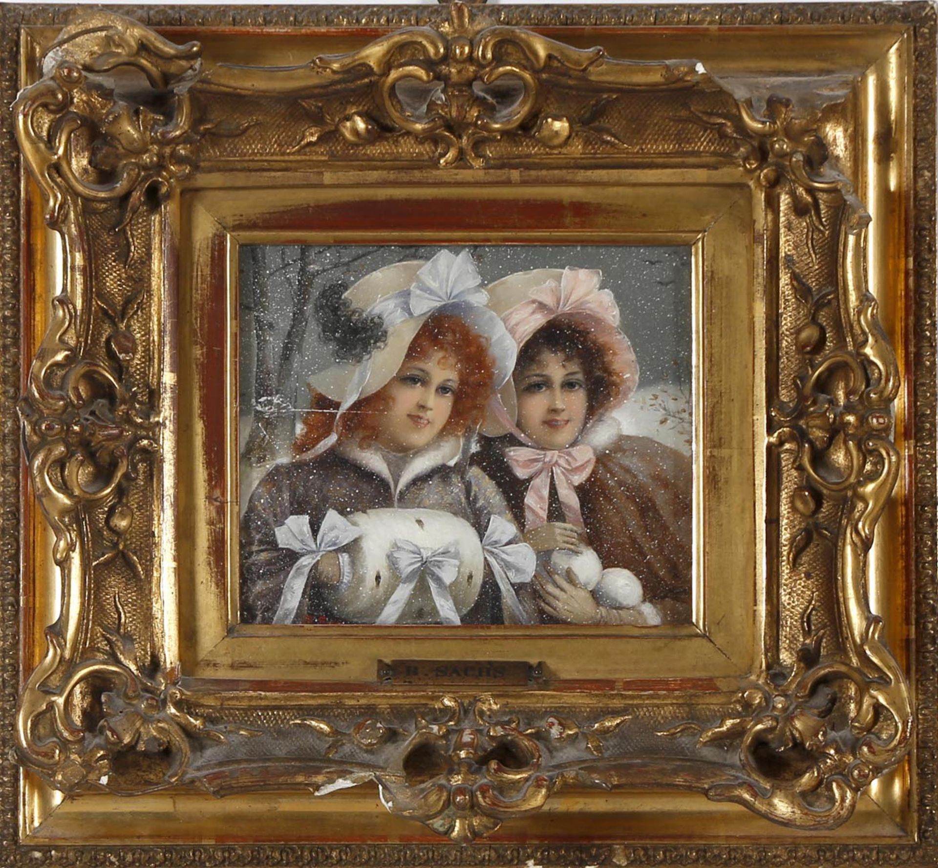 Benno Sachs (1868-1939)Bruststück, zwei junge Damen mit Hüten und Schneebällen in verschneiter