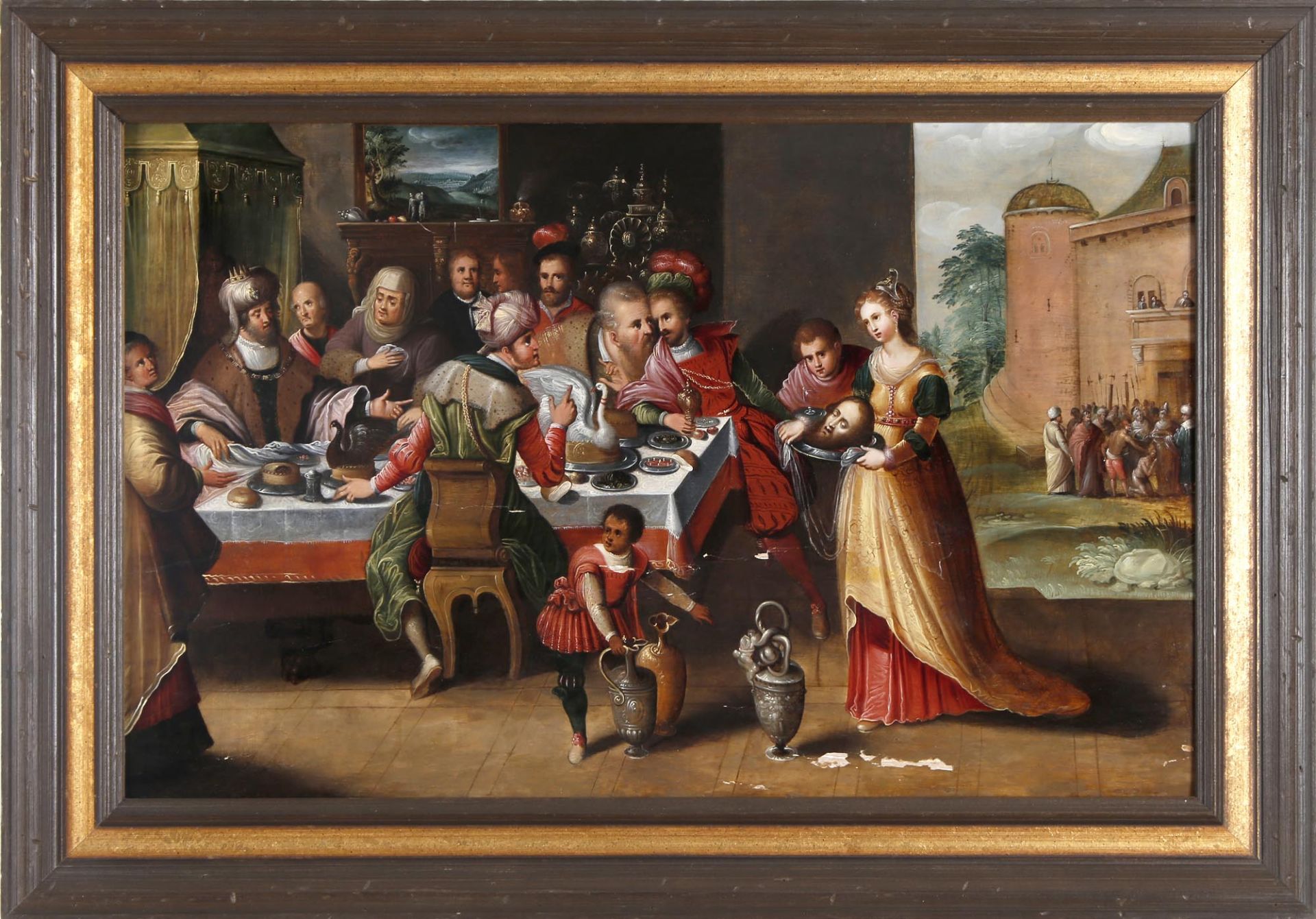 Das Gastmahl des Herodes, wohl um 1600Öl auf Holz, 49 x 77 cm, schadhaft neuzeitlicher gut passender