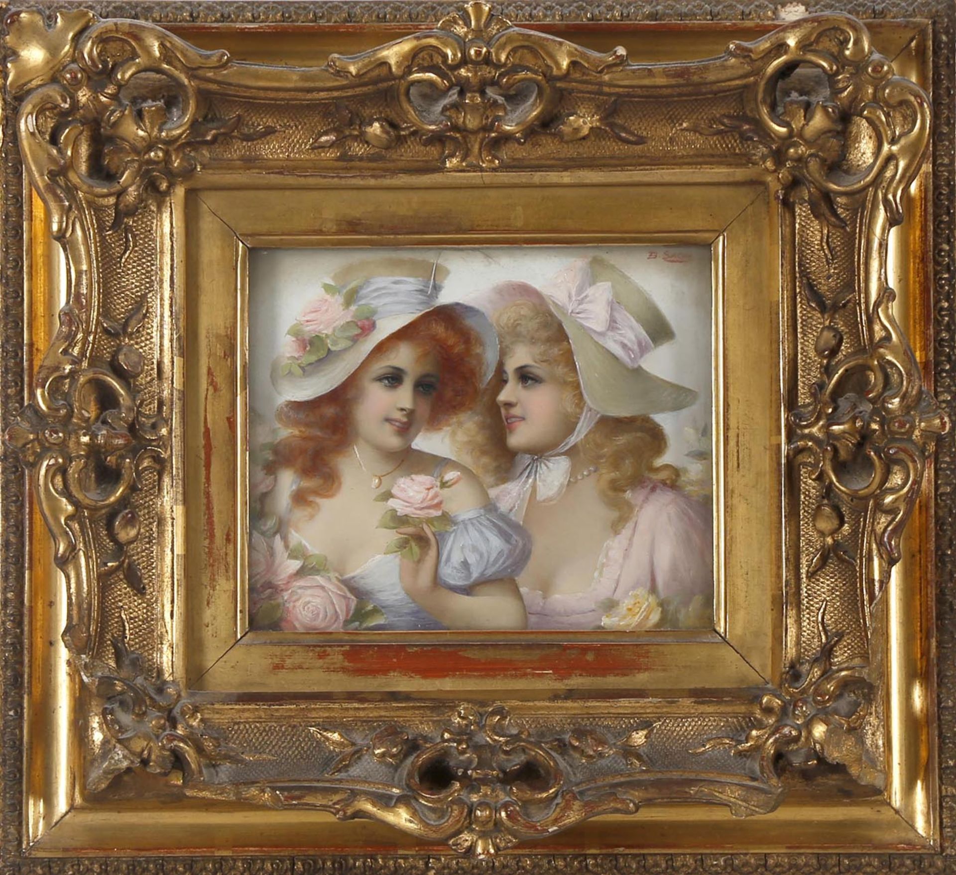 Benno Sachs (1868-1939)Bruststück, zwei junge Damen mit sommerlicher Kleidung und Rosen, Öl auf