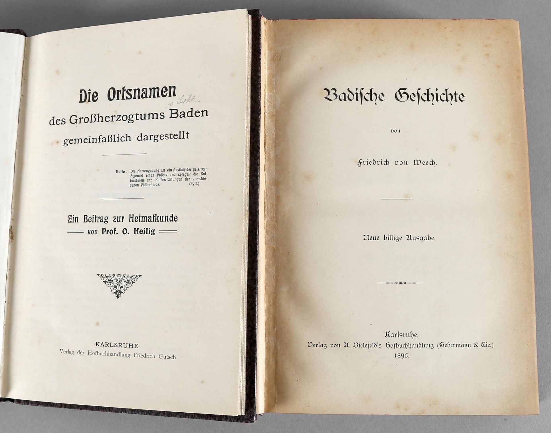 Konvolut von 2 Bänden Badische Geschichte- Prof. O. Heilig: "Die Ortsnamen des Großherzogtums