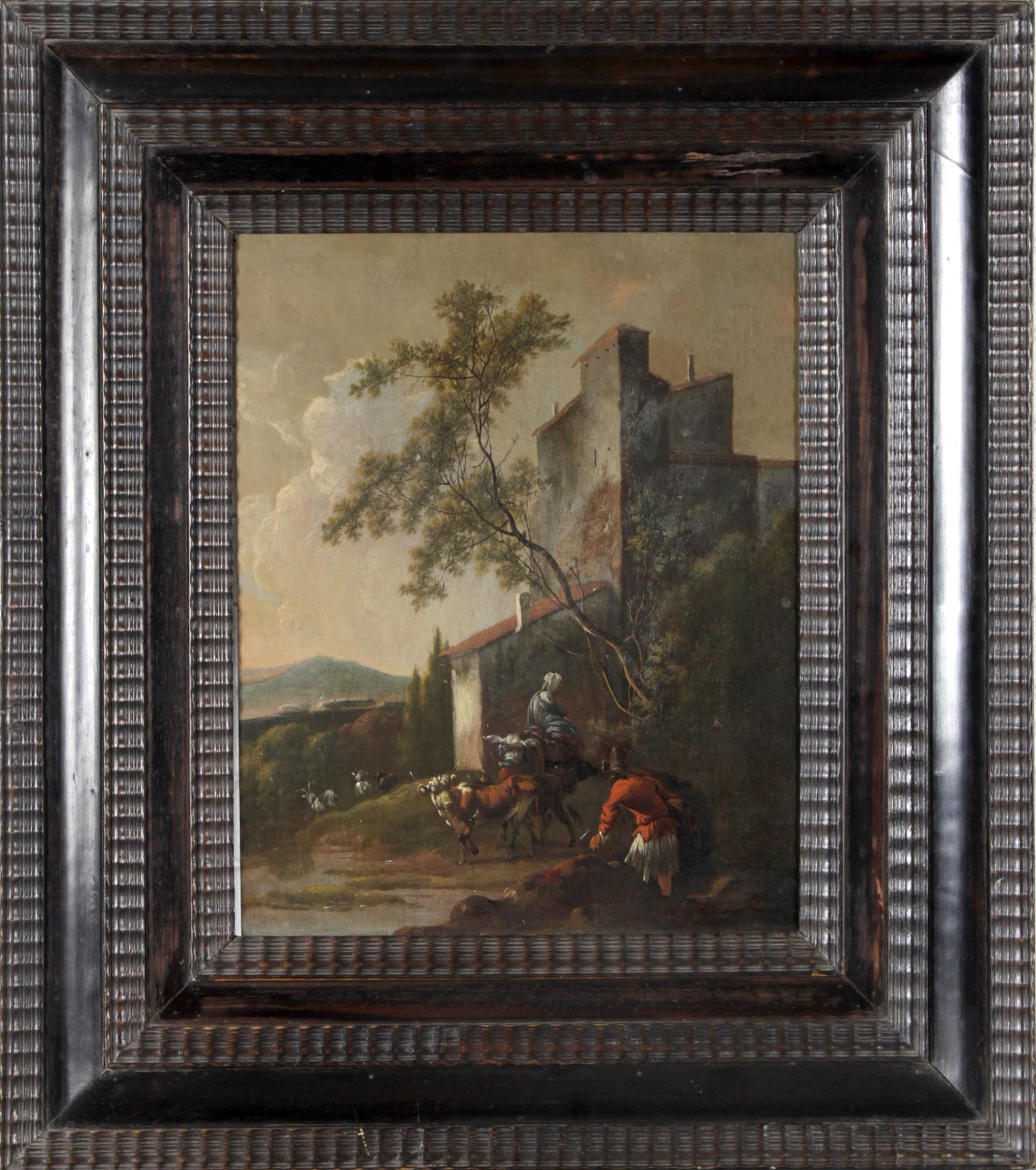 Italienische Berglandschaft mit Hirten vor großem Gebäude, 17. Jh.in der Art von Berchem und