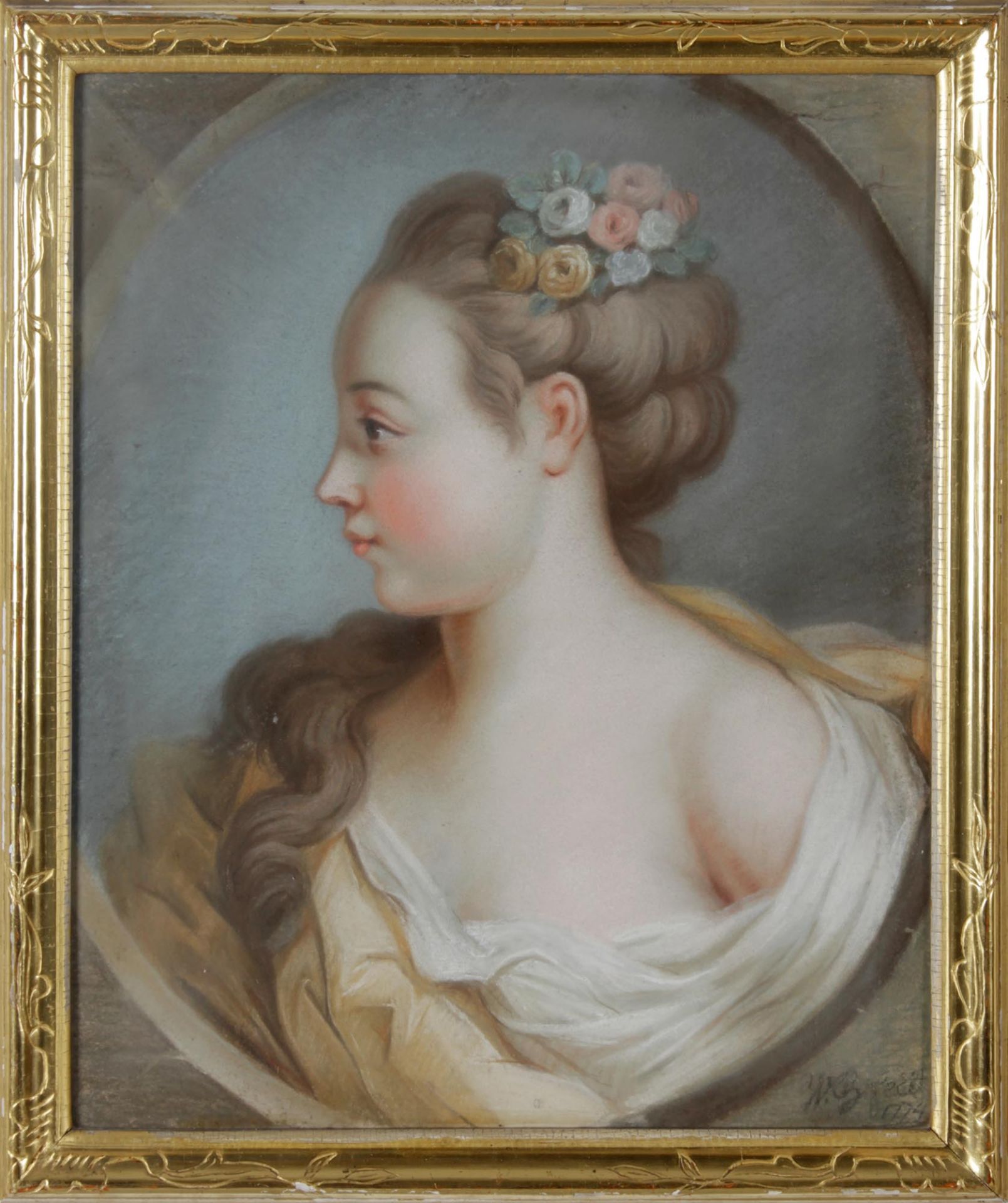 Pastellporträt einer jungen Frau, Frankreich, datiert 1774, wohl Charles A. Huinrechts unten