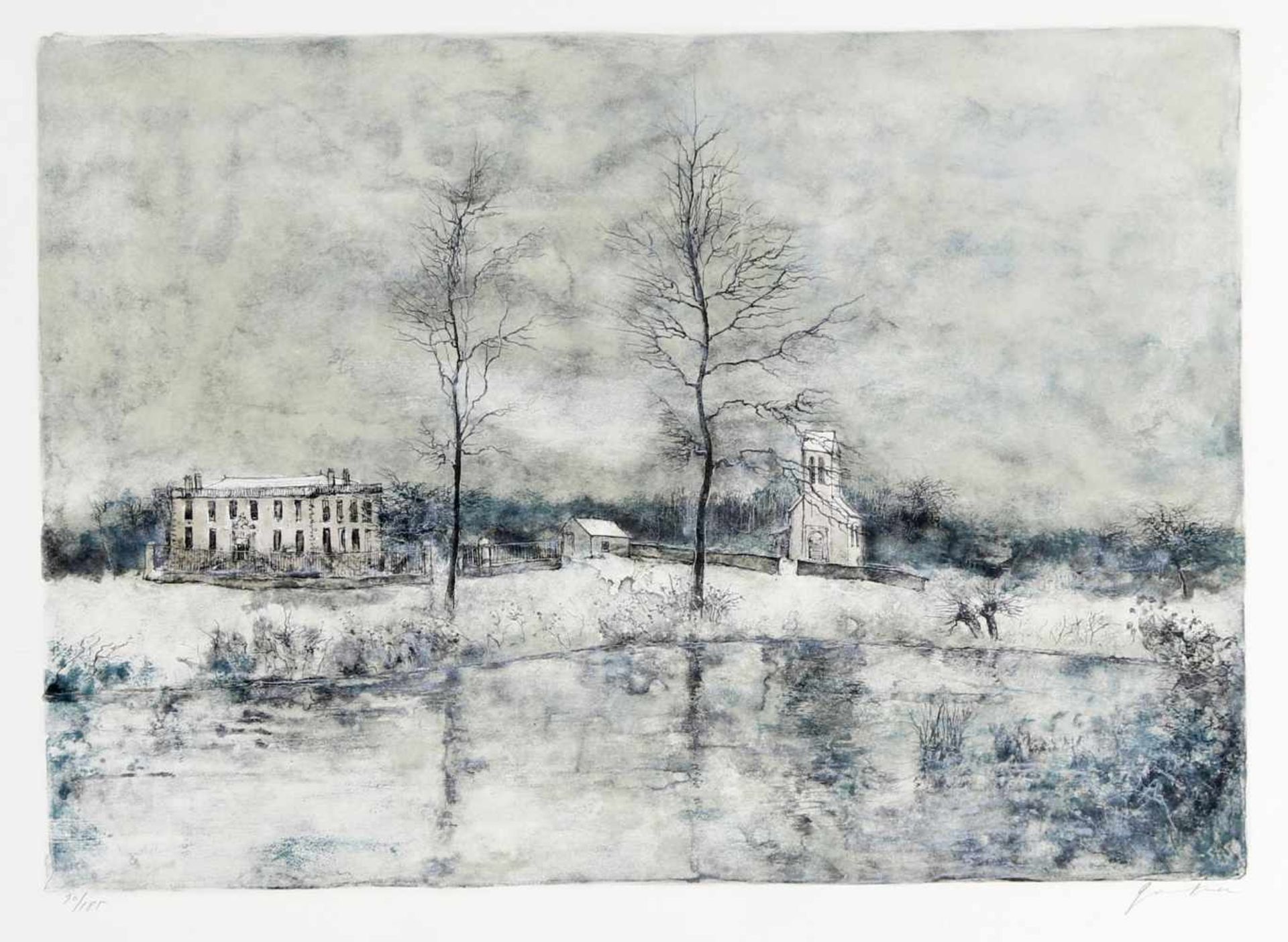 Unbekannter Künstler"Winterlandschaft mit Kapelle", Radierung, 41 x 57,5 cm (Plattengröße), unten