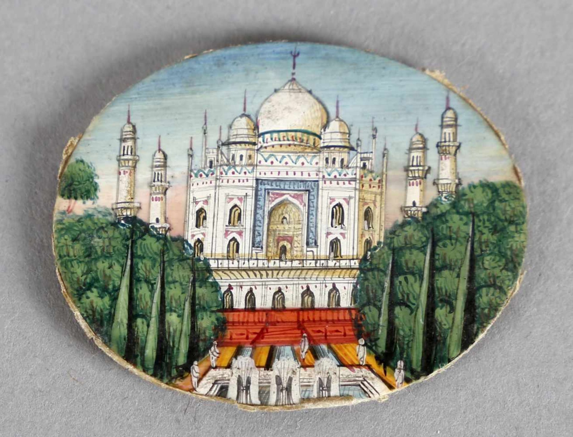 Miniatur-Malerei des Taj Mahal und handgeschriebener Brief mit Prägung aus Calcutta auf dem