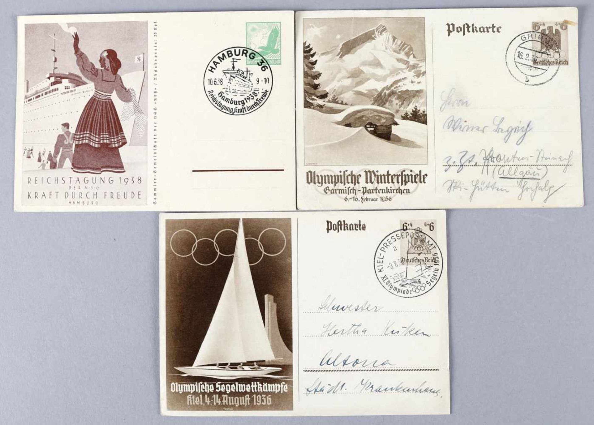 Drei gelaufene Postkarten, Deutsches Reich 1933-1945Olympische Winterspiele 1936, Olympische