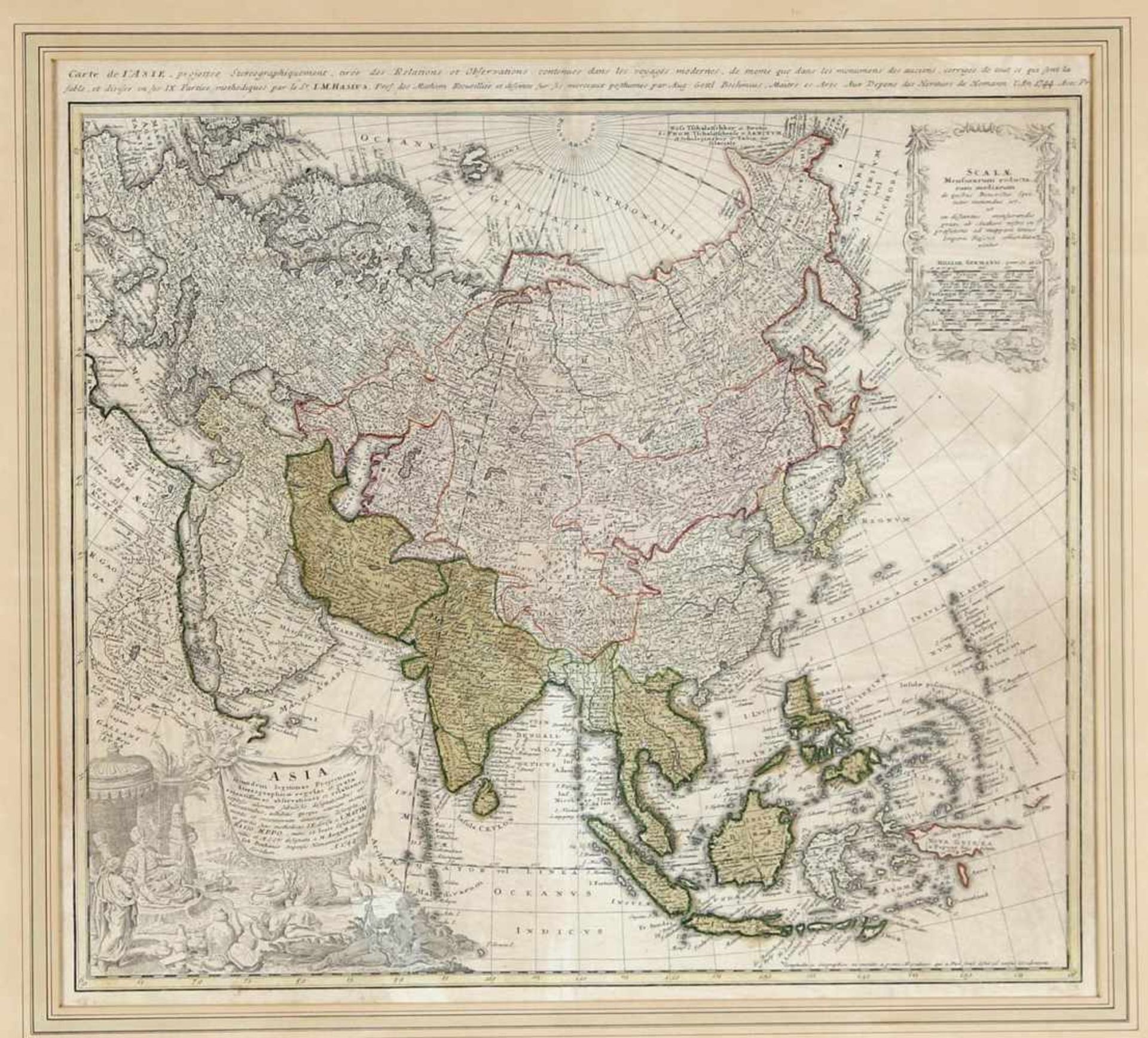 Kolorierte Kupferstichkarte - Asia, Johann Matthias Hasius, 1744Mitarbeiter von Homanns Erben ab