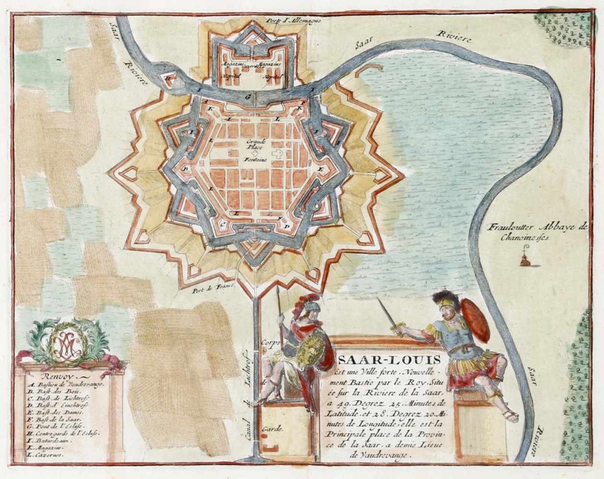 Kolorierter Kupferstich von N. de Fer, Festungsbau "Saar-Louis", um 170519 x 24 cm (Plattengröße),