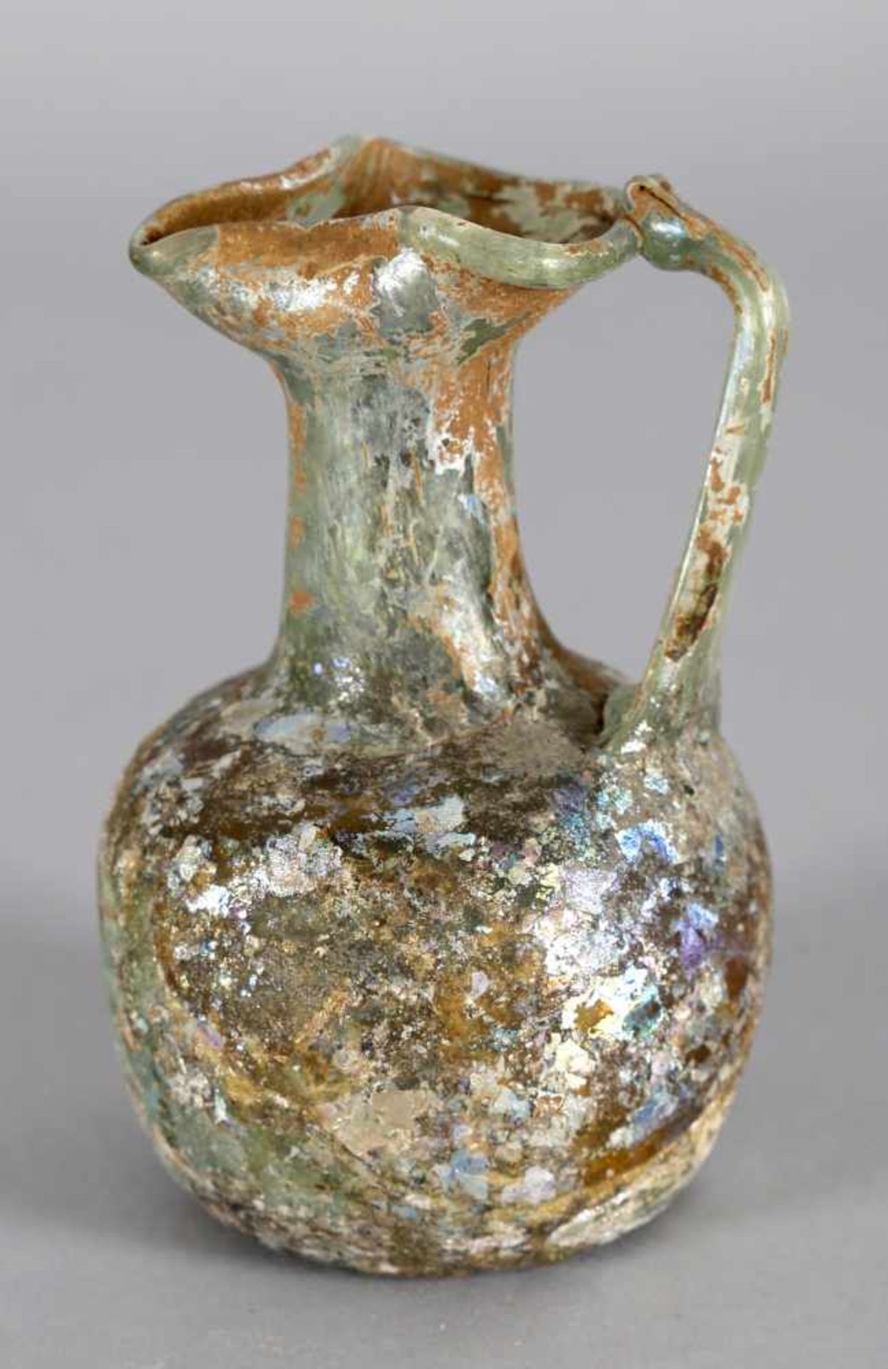 Oinochoe, römische Glasflasche, grünes transluzides Glas, geblasen, Kaiserzeit, 3. - 4. Jh. n. Chr.