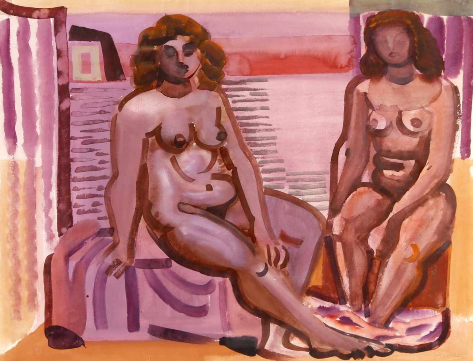 Edvard Frank (Korschenbroich 1909-1972 Saarlouis)Zwei sitzende nackte Frauen, Aquarell, um 1950,