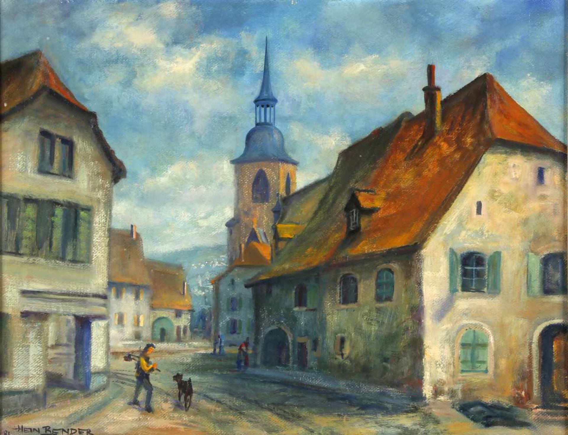 Hein Bender (Lauterecken 1920-1987 St. Arnual)An der Stiftskirche, 1981, Öl auf Platte, 49,5 x 64,