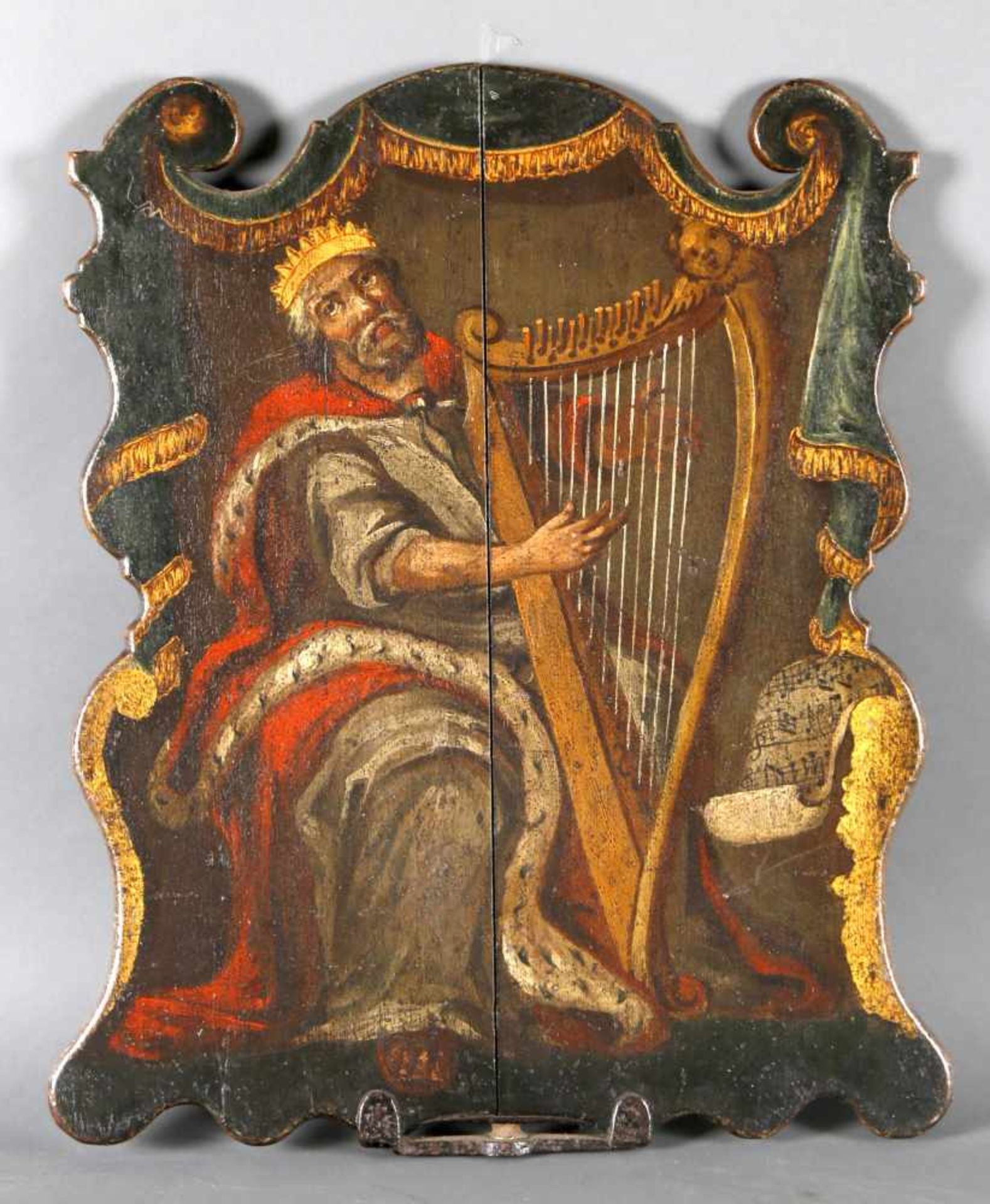 Hl. David mit Harfe, Prozessionsschild, süddt., 1. Hälfte 18. Jh.gemalt auf geschweift
