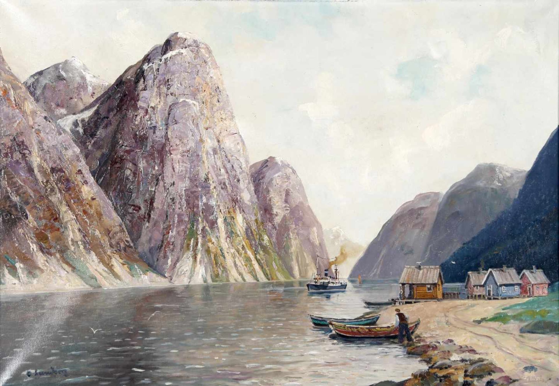 O. LundbergFjordlandschaft mit Dampfschiff, Öl auf Lwd., 70 x 100 cm, links unten signiert, schmaler