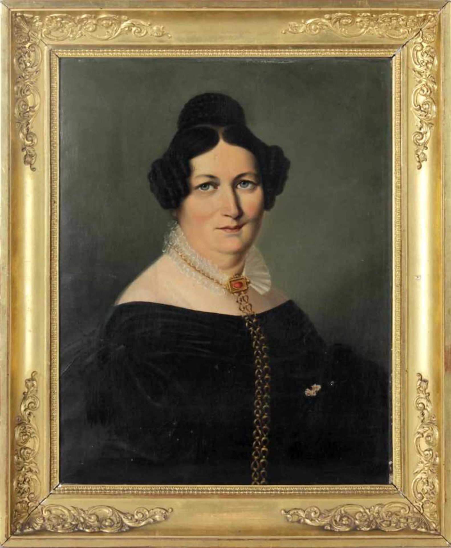 Porträt einer Dame mit goldener HalsketteBiedermeierzeit, ca. 1830, Öl auf Lwd., 41 x 32,5 cm, im