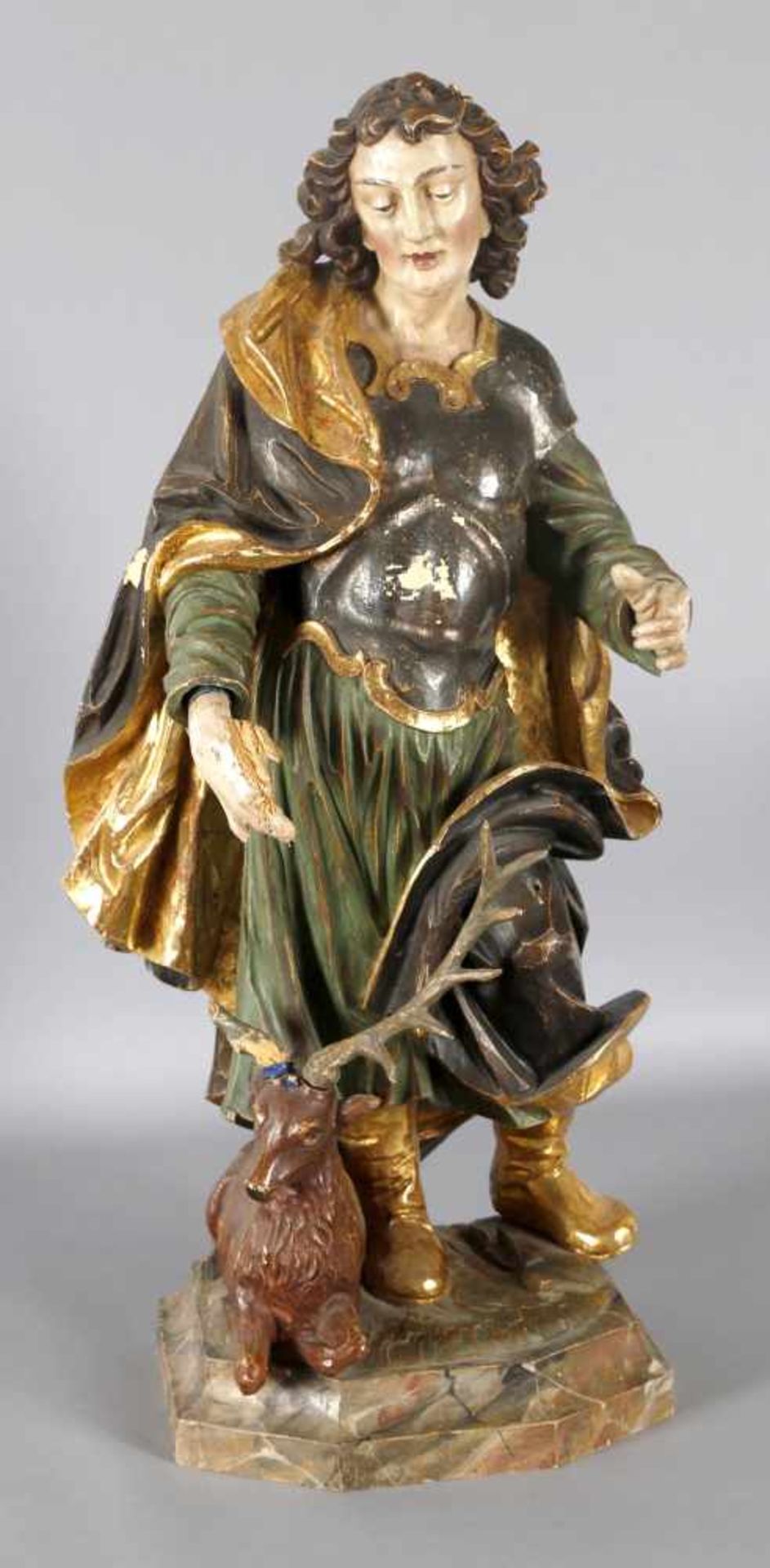 Hl. Hubertus von Lüttich, im Stil des 18. Jh., wohl Oberammergau Mitte 20. Jh.Lindenholz, geschnitzt