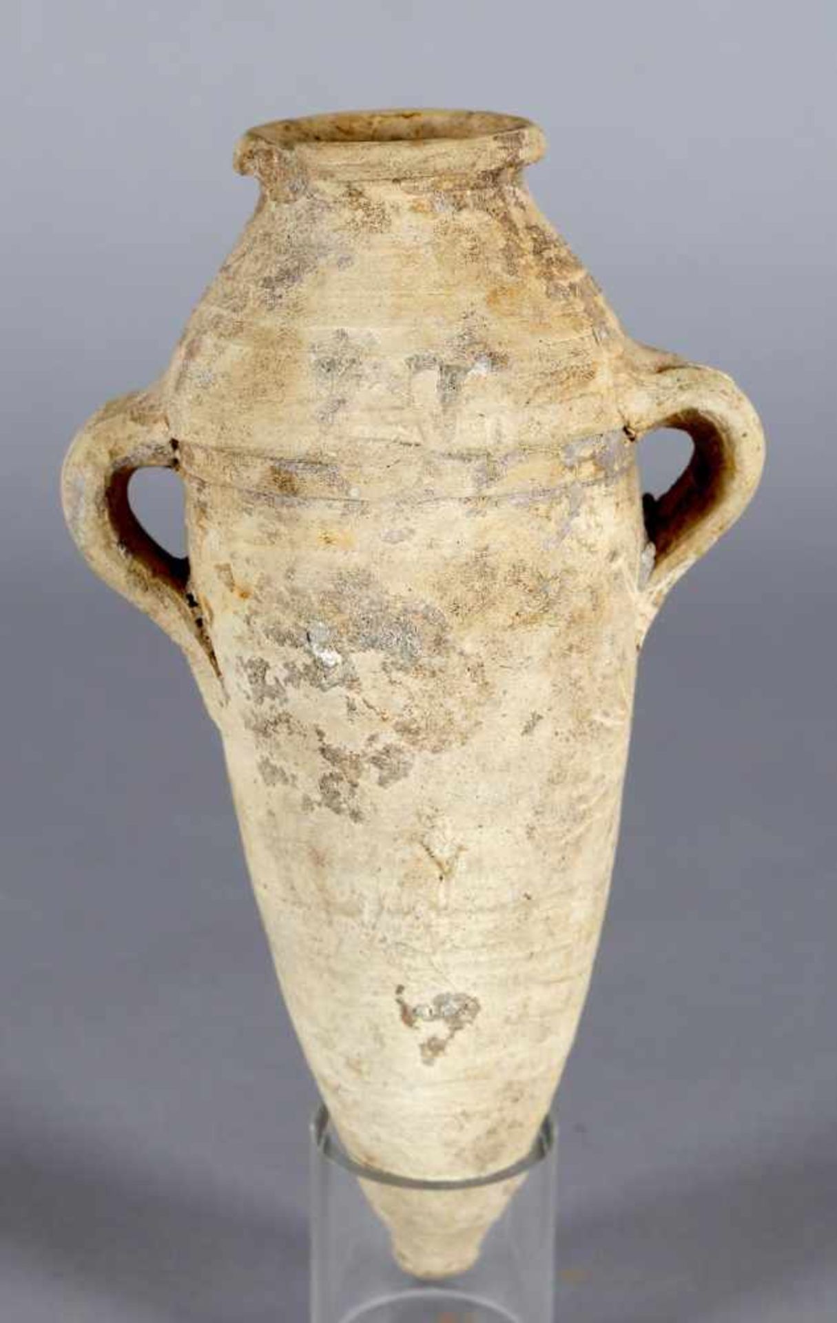 Kleine Keramik-Amphore (Balsamarium) aus hellem Ton, möglicherweise antikmit zwei kurzen Band-