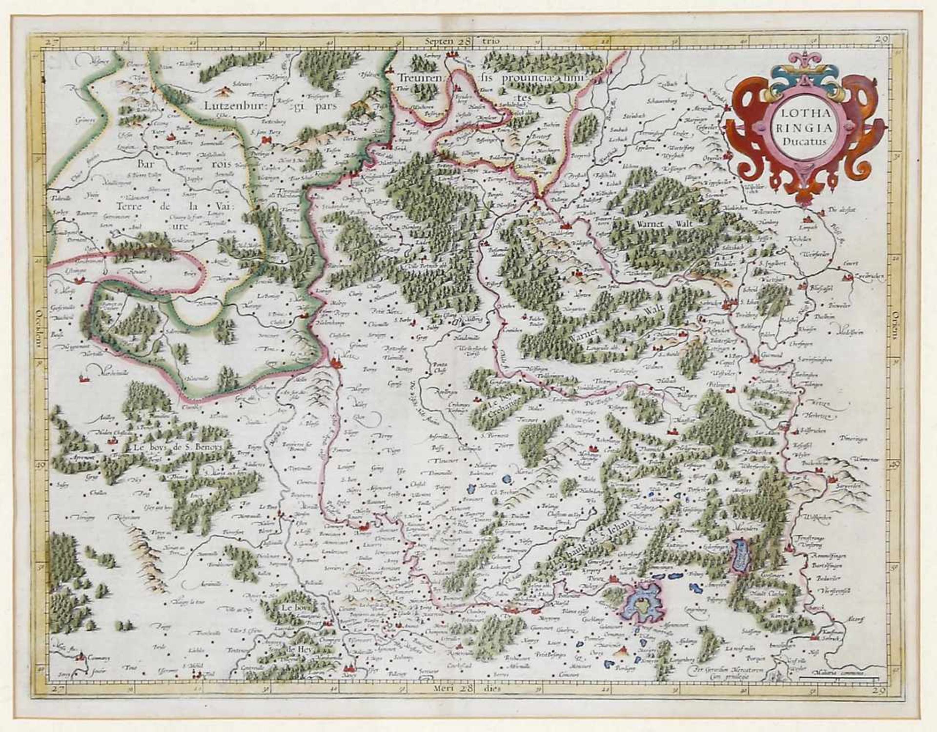 Altkolorierte Kupferstichkarte "Lotharingia Ducatus", von G. Mercator/J. Hondius, um 1619,