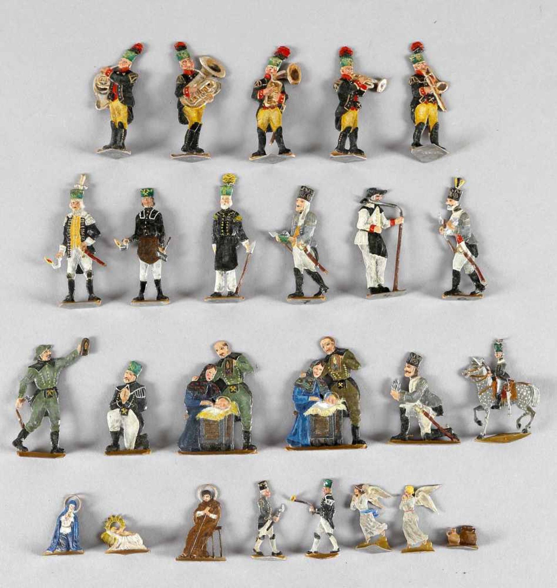 Bergmännische Zinnfiguren, deutsch, wohl 1920-30er Jahre- 5 Mann Bergkapelle (je 60 mm - 6 Mann