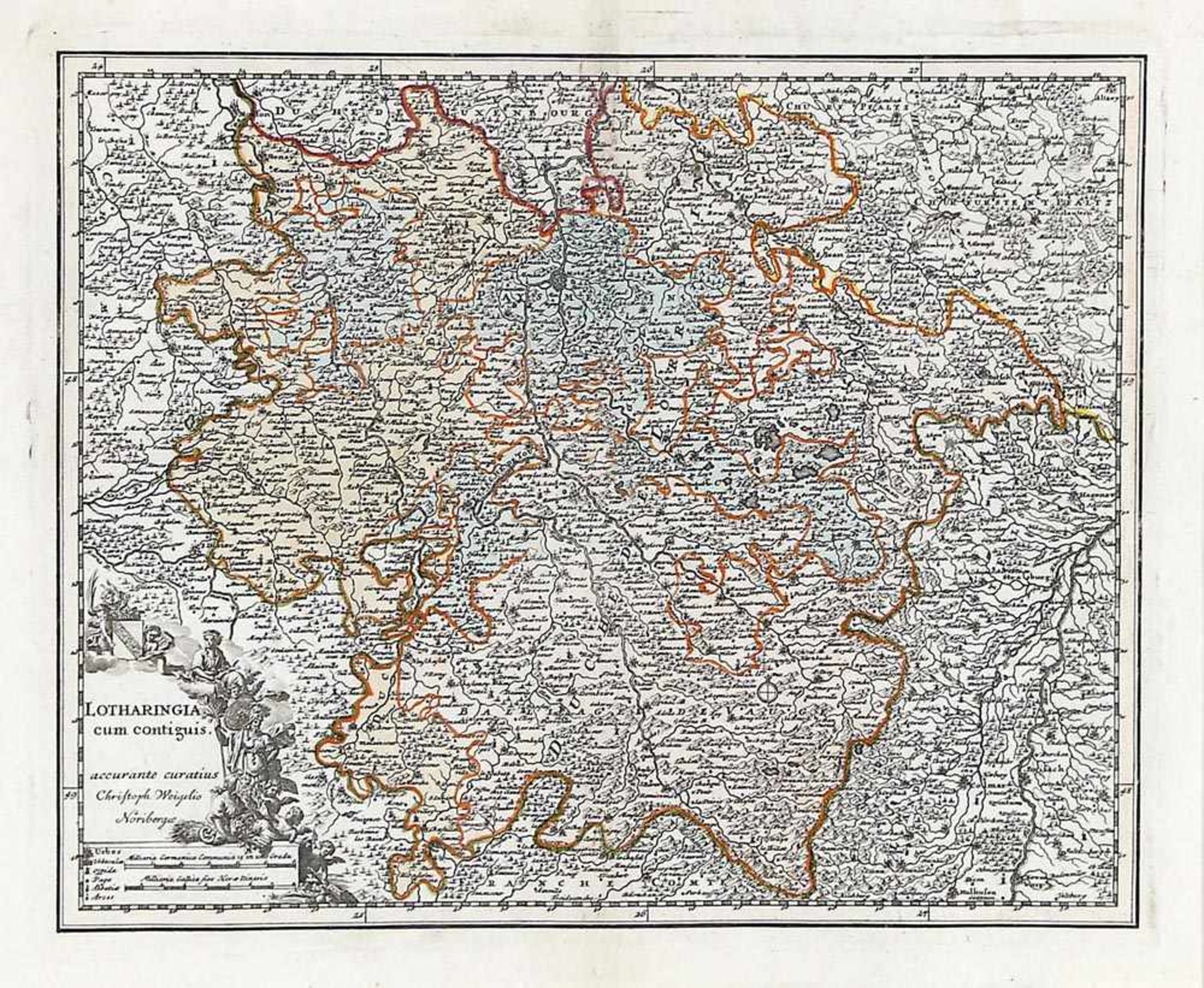 Kolorierte Kupferstichkarte von Weigel, "Lotharingia", ca. 1720zeigt Lothringen mit Nancy im