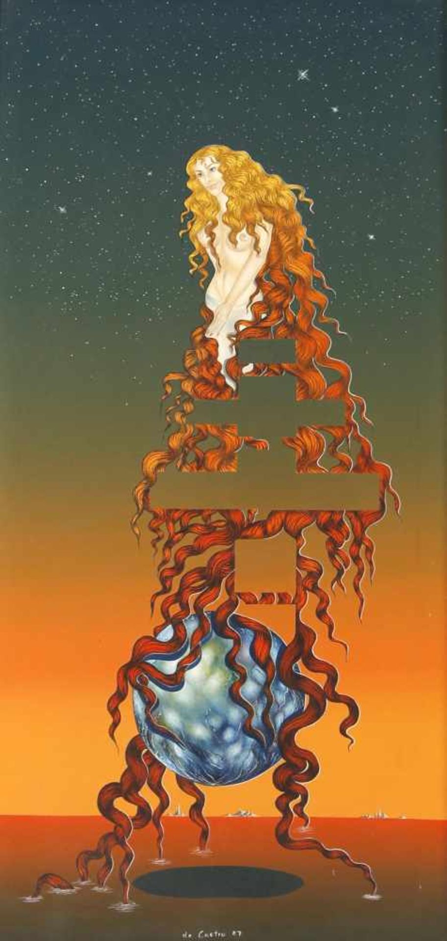 Liane de Castro (* Saarbrücken 1954)"Terrasol", 1987, Öl auf Lwd., 80 x 40,5 cm, unten signiert